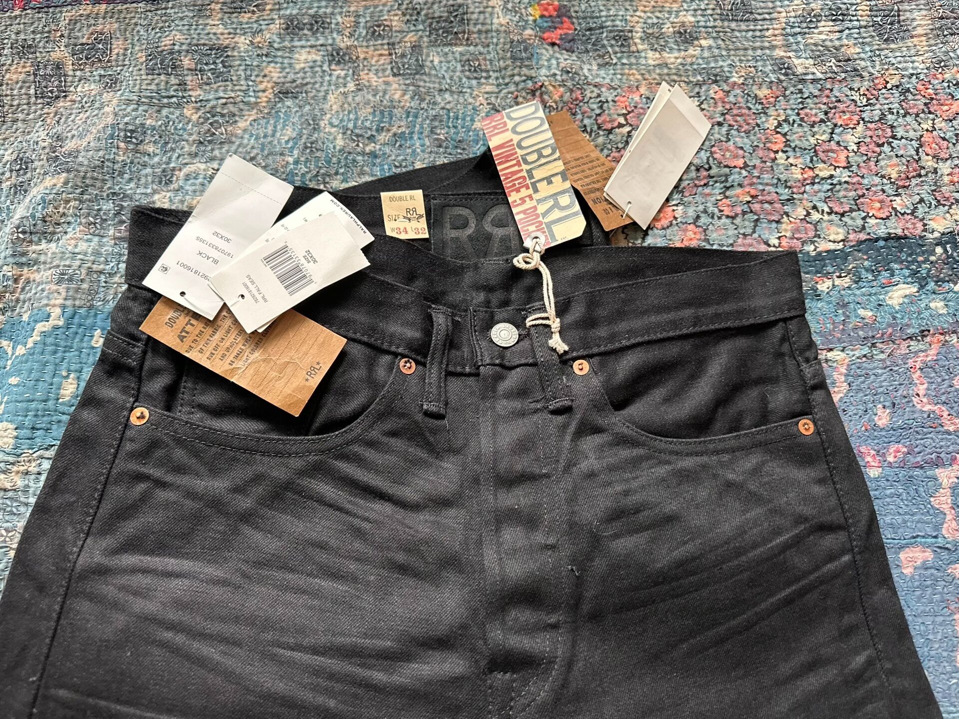 RRL Washed Distressed Black Straight Jeans — detail