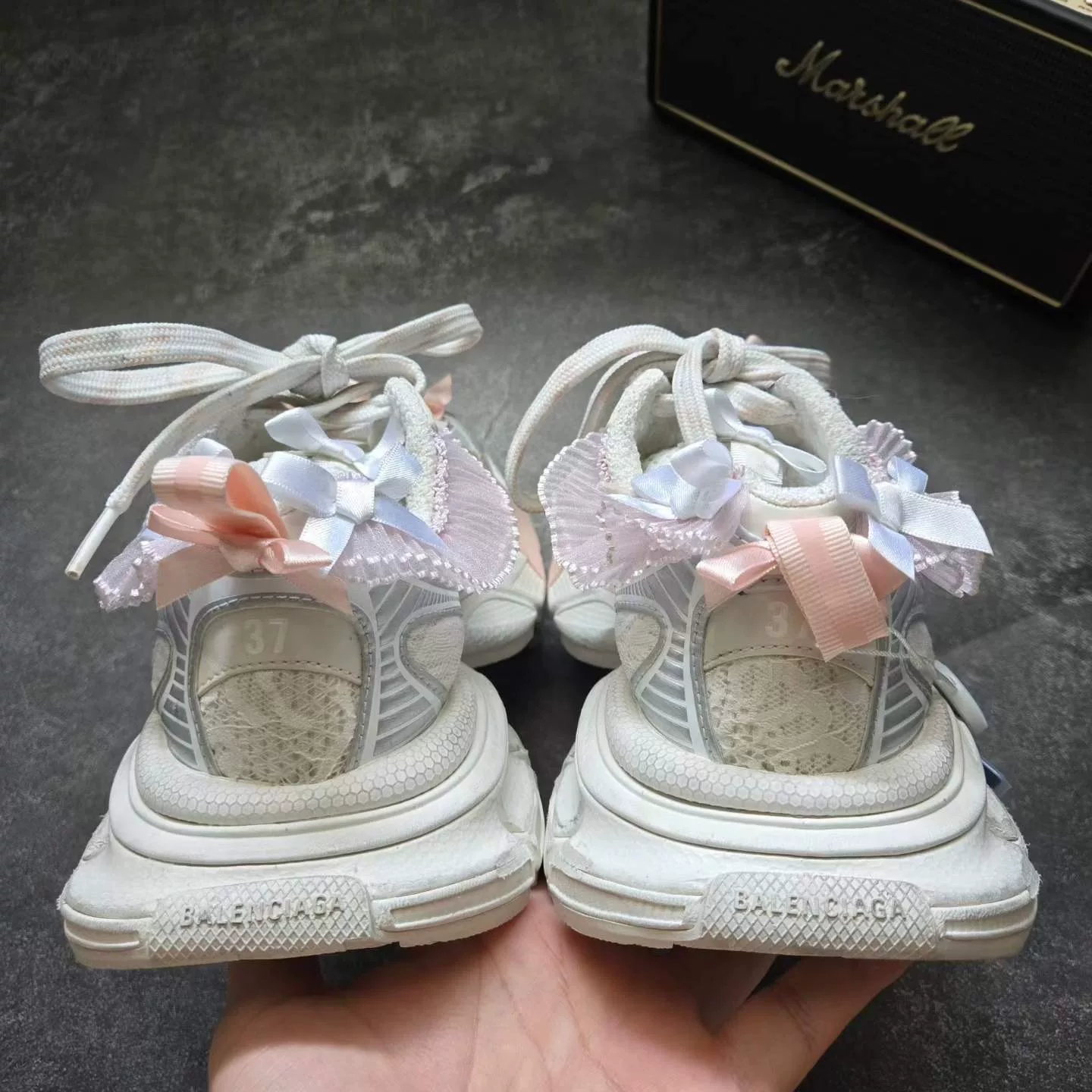 Balenciaga 3XL Silver-White Bow Lace Dad Shoes — detail