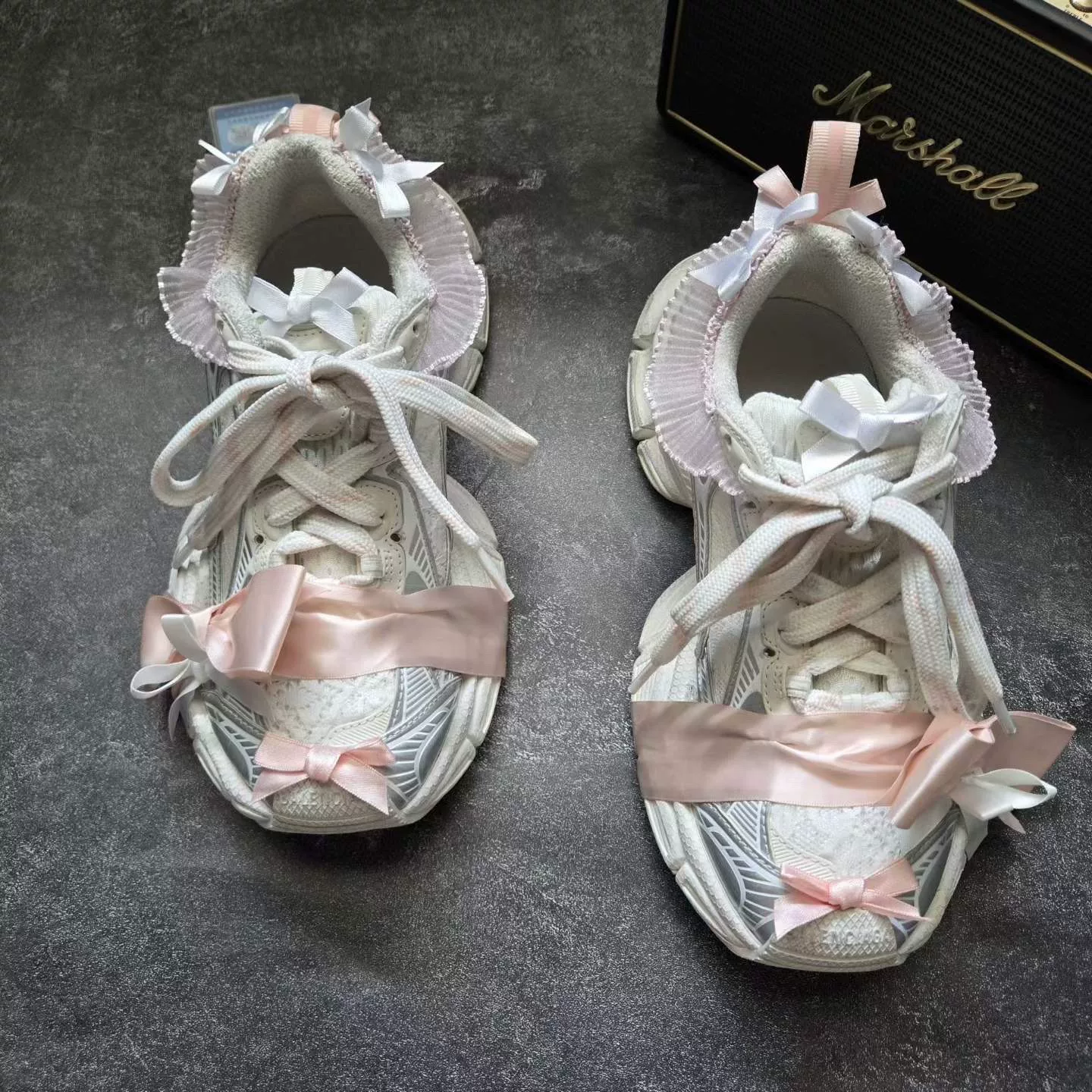 Balenciaga 3XL Silver-White Bow Lace Dad Shoes — front