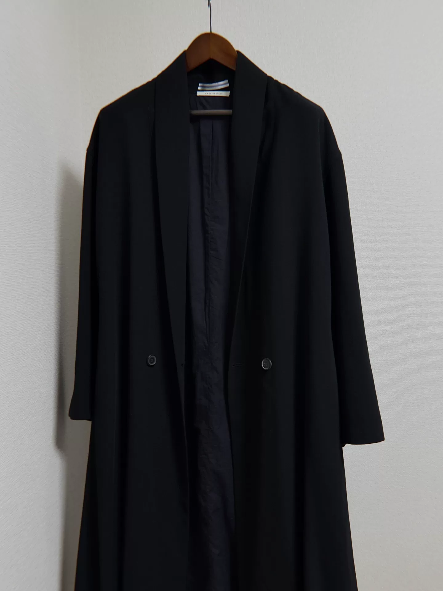 Cristaseya Long Black Shawl Collar Coat — front