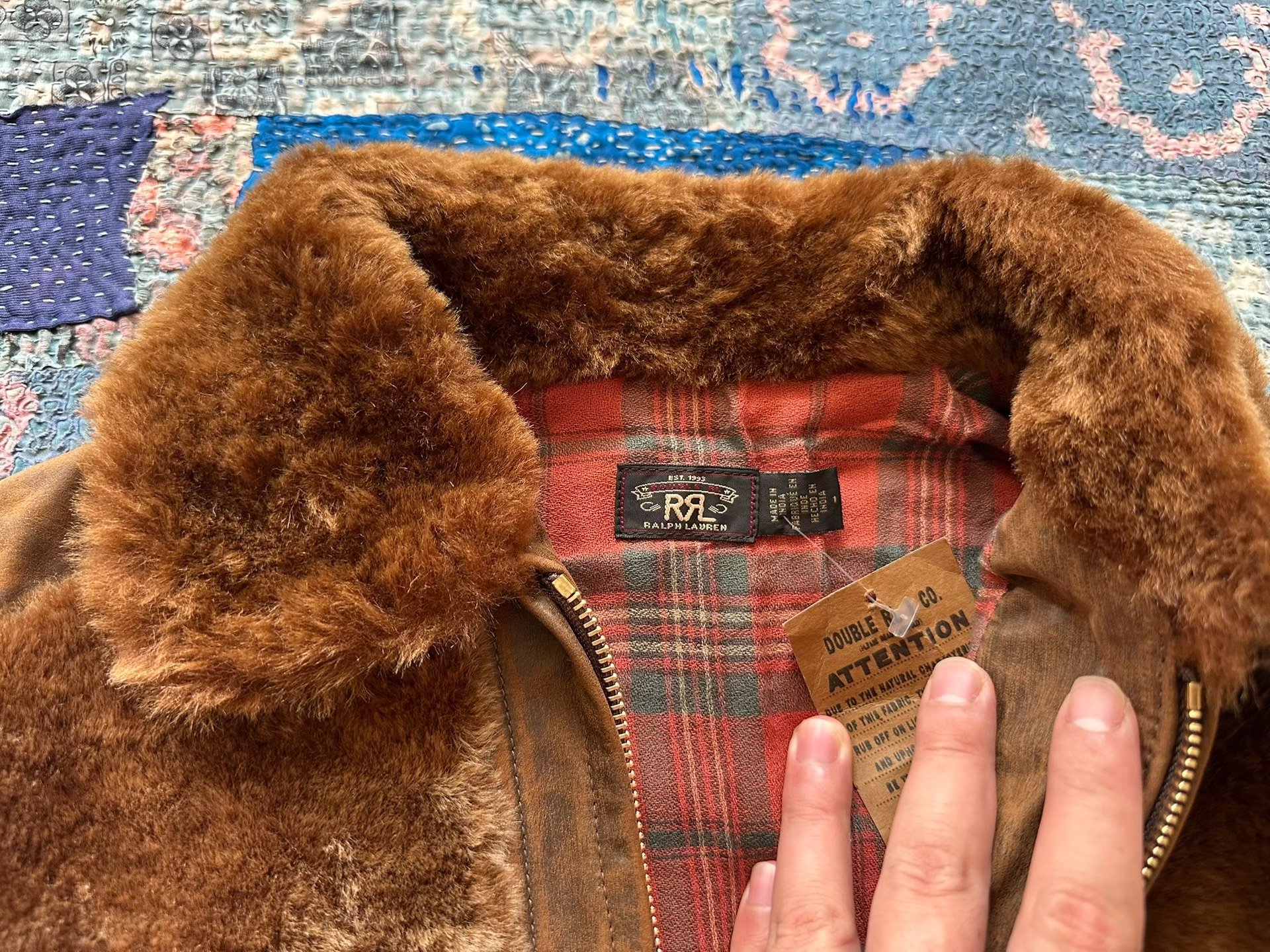 RRL Women's Brown Leather Fur Jacket — detail