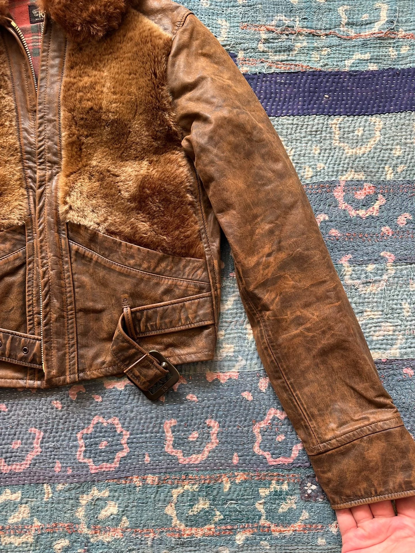 RRL Women's Brown Leather Fur Jacket — label