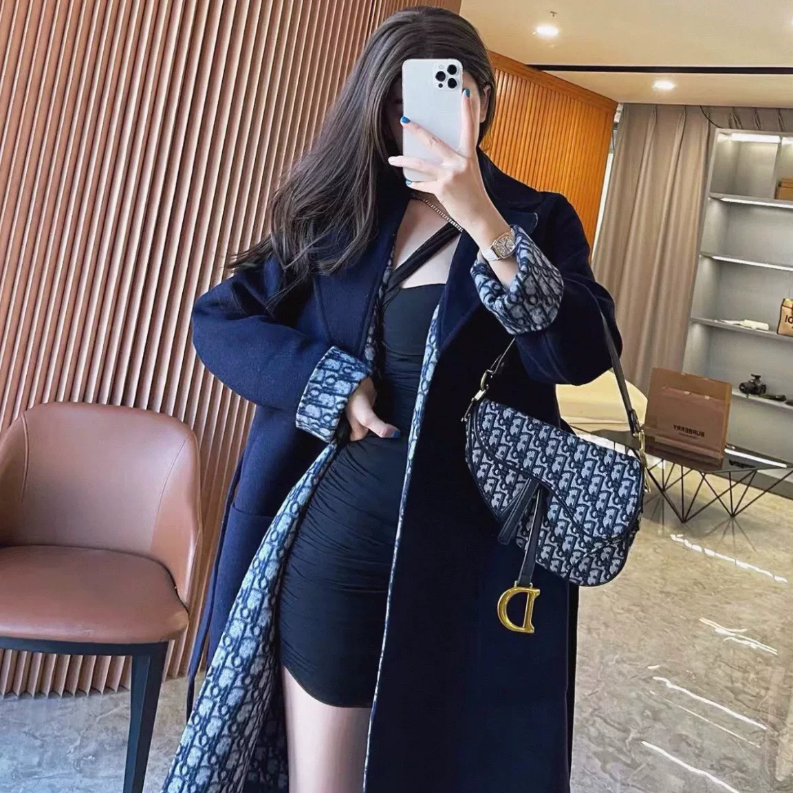 Dior Dark Blue Wool Belted Coat