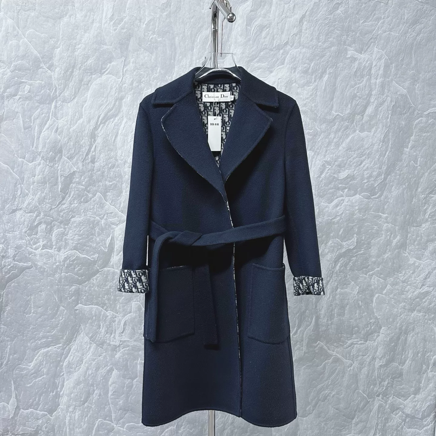 Dior Dark Blue Wool Belted Coat — front