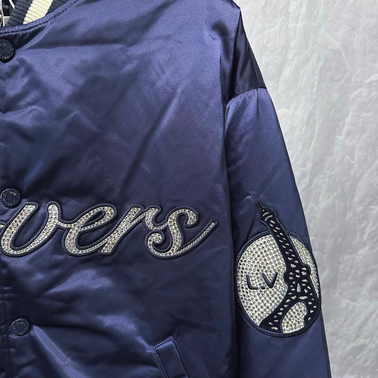 Louis Vuitton SS25 Rhinestone Letter Baseball Jacket — detail