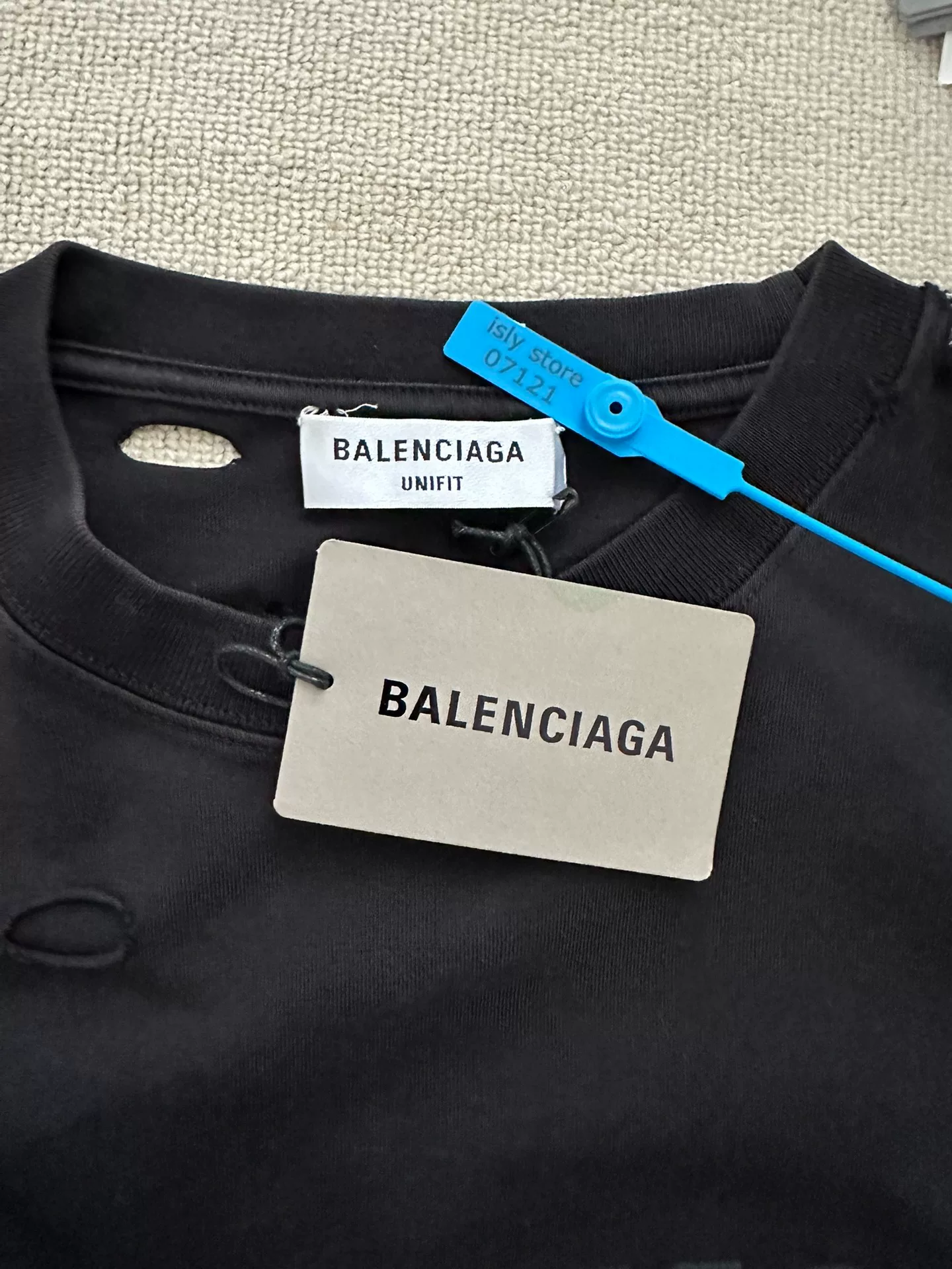 Balenciaga Letter Print Hole Round Neck T-shirt — label