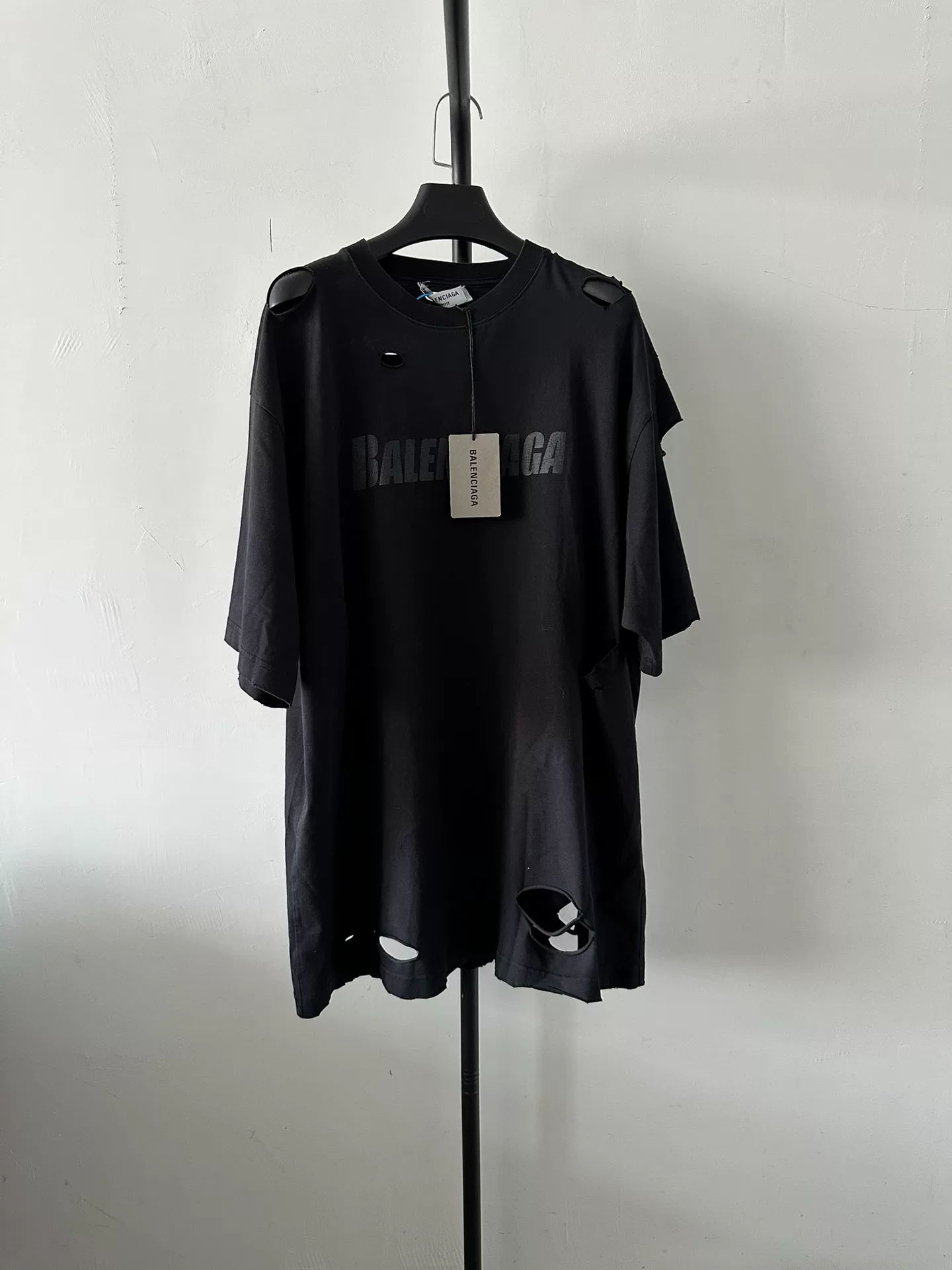 Balenciaga Letter Print Hole Round Neck T-shirt