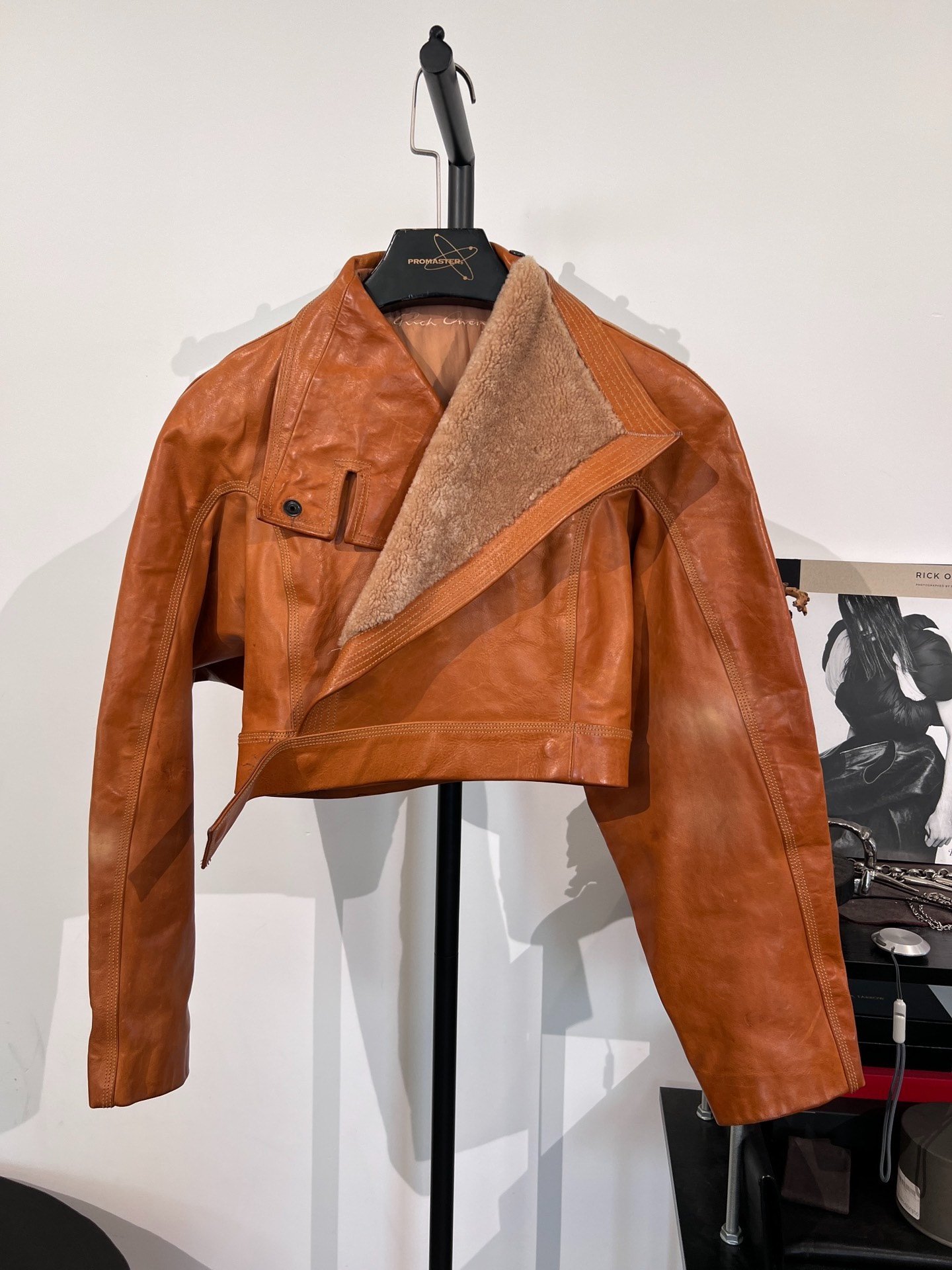 Rick Owens Cropped Fur Collar Leather Jacket