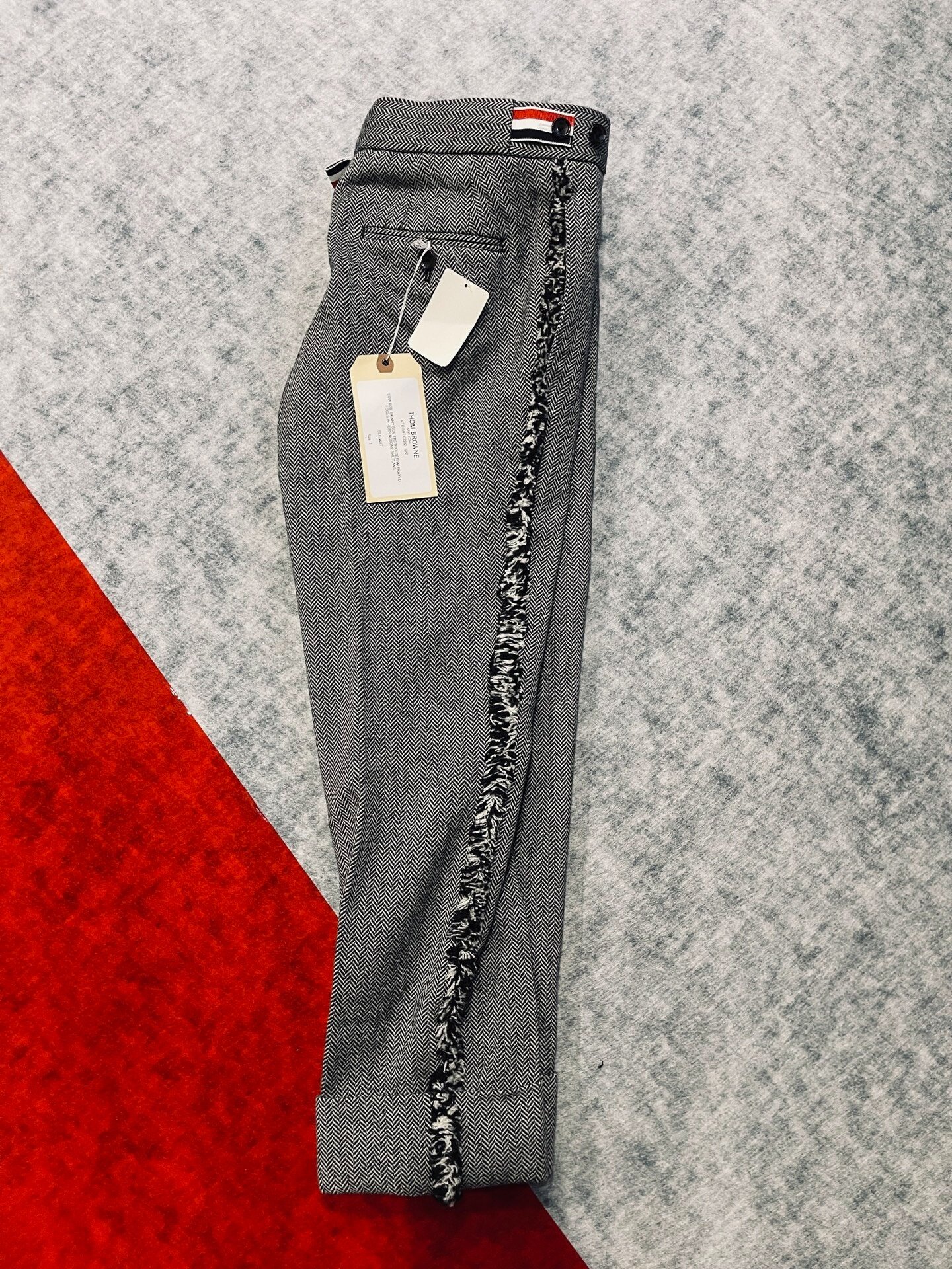Thom Browne Low Rise Herringbone Wool Trousers — front