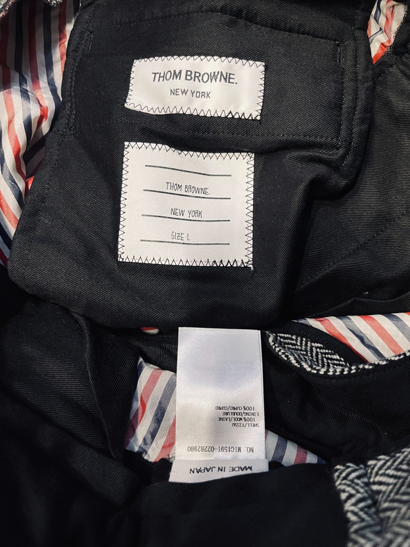 Thom Browne Low Rise Herringbone Wool Trousers — label