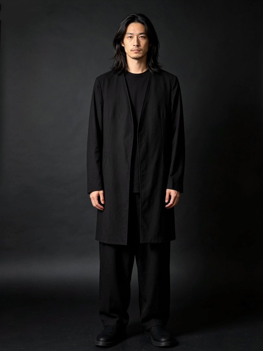 Yohji Yamamoto Collarless Minimal Coat — detail