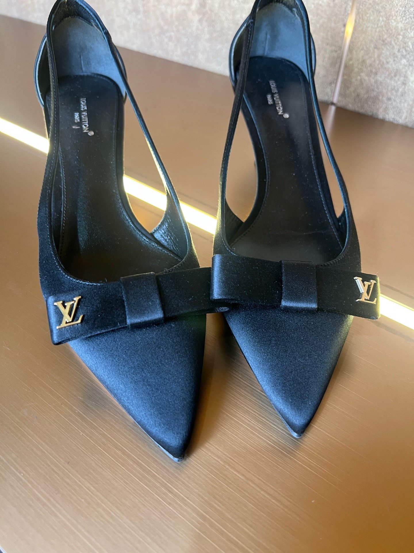 Louis Vuitton Satin Small Logo Heels — front