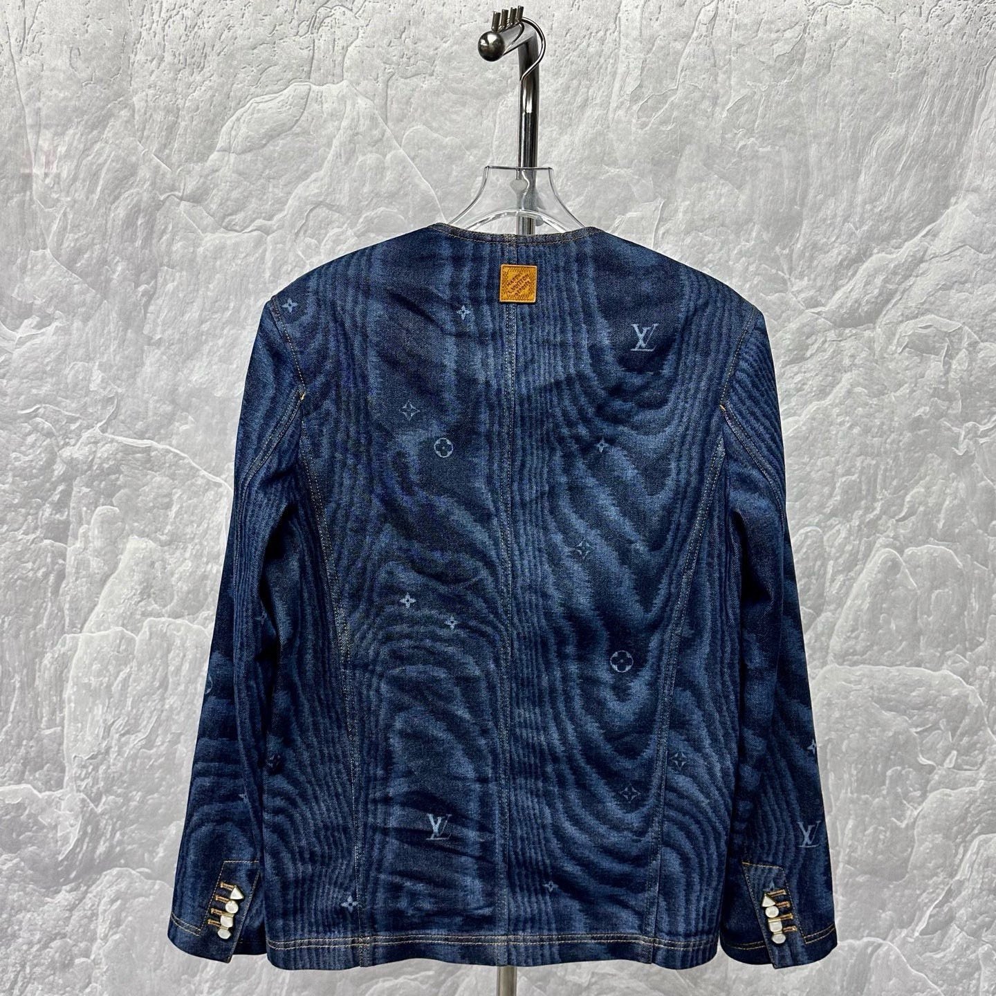 Louis Vuitton Collarless Denim Print Jacket — front