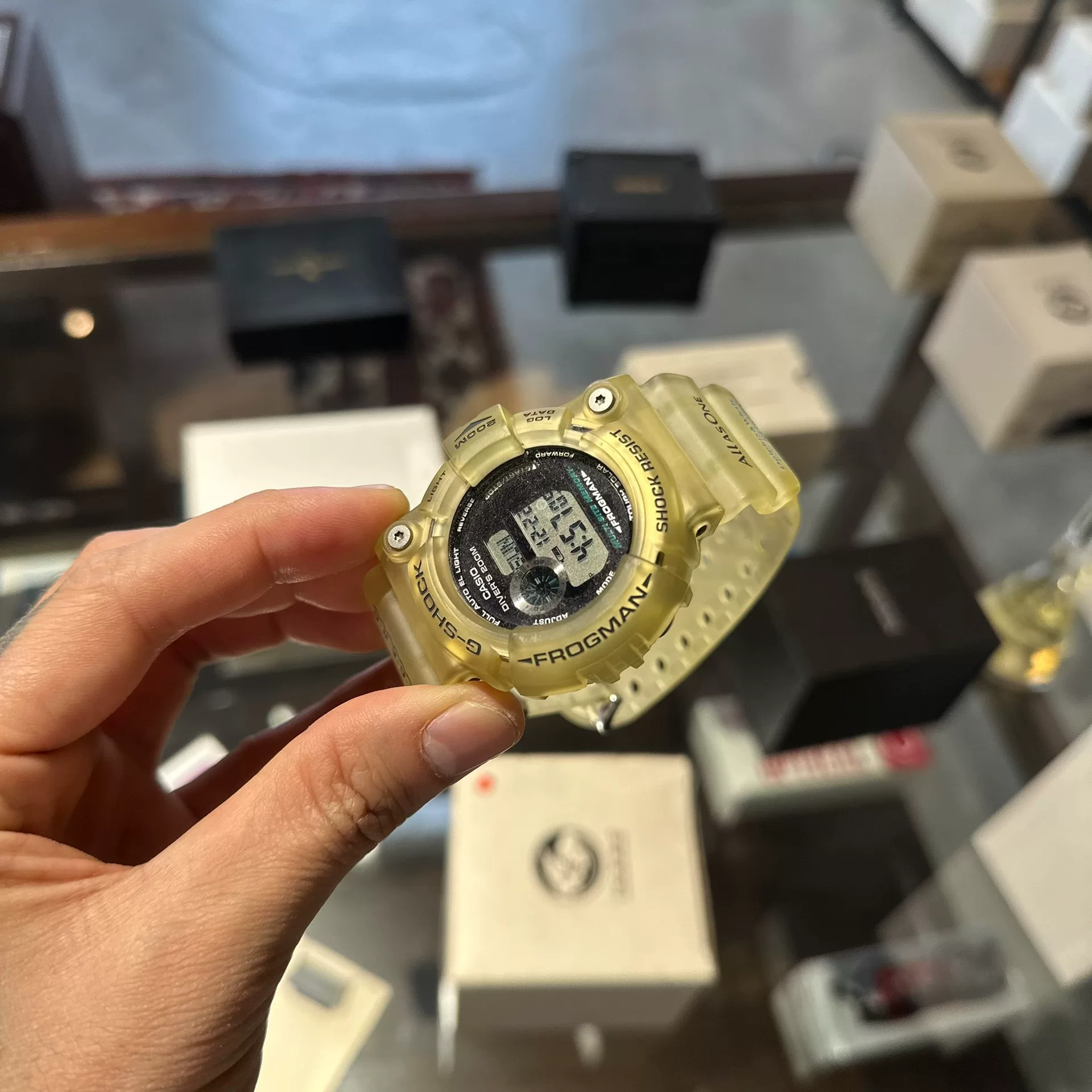 Casio GW-225A 25th Anniversary Transparent Frogman — label