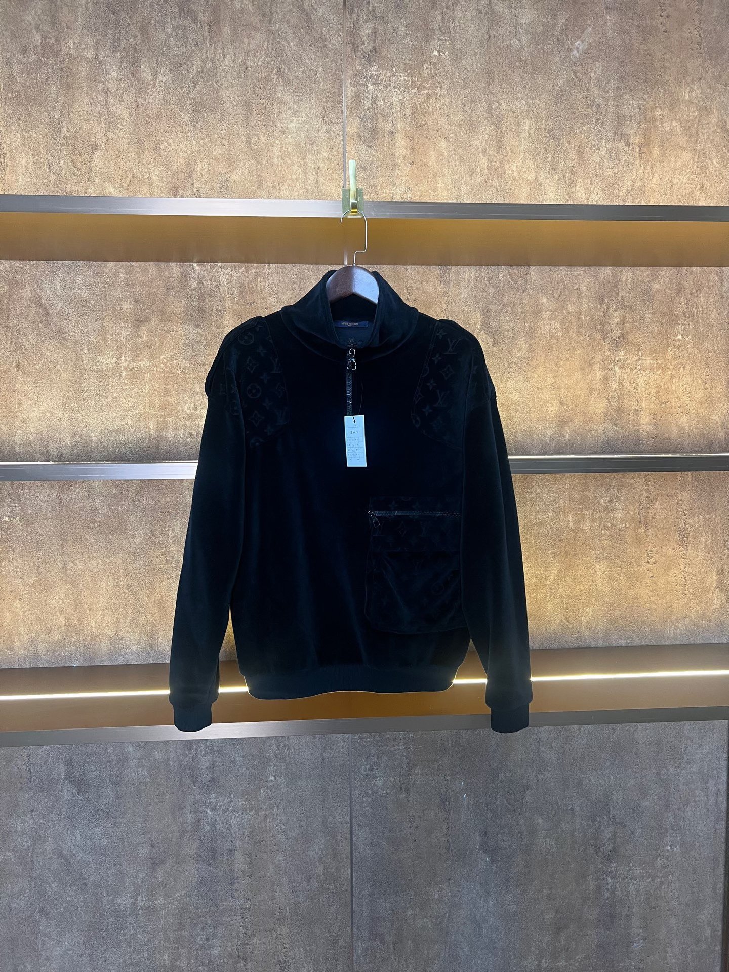 Louis Vuitton Black Velvet Embossed Logo Half-Zip Top