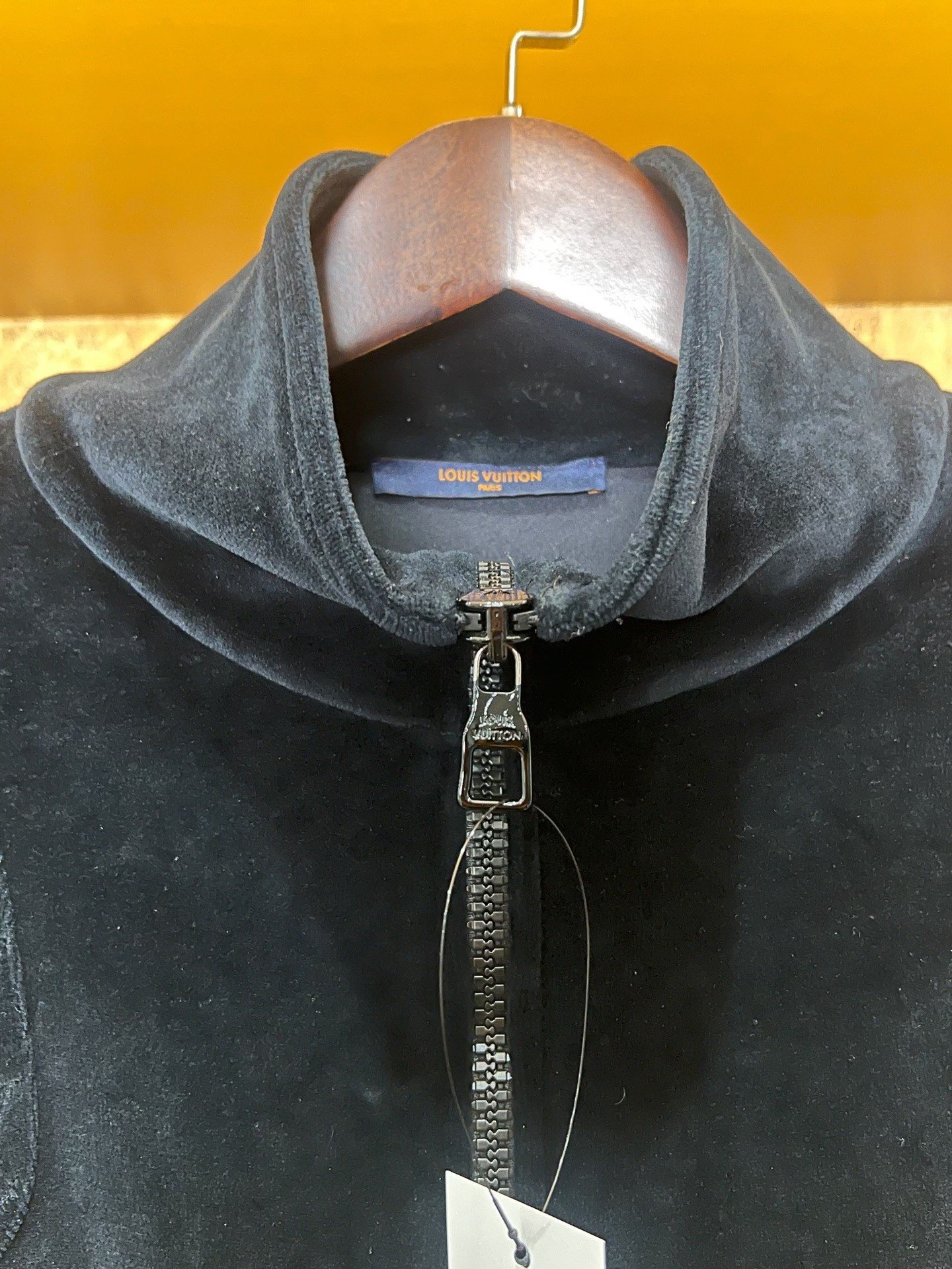 Louis Vuitton Black Velvet Embossed Logo Half-Zip Top — label