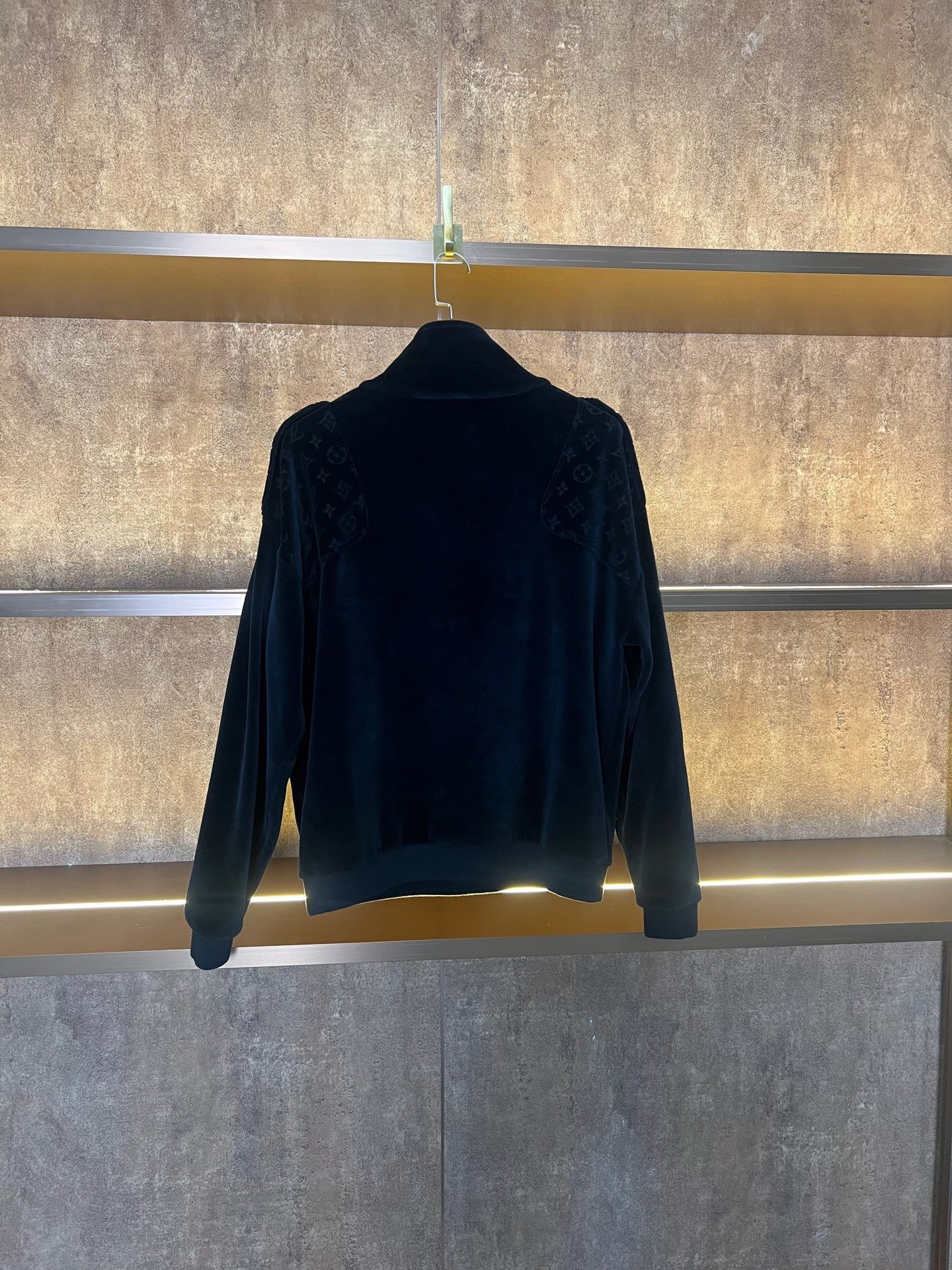 Louis Vuitton Black Velvet Embossed Logo Half-Zip Top — front