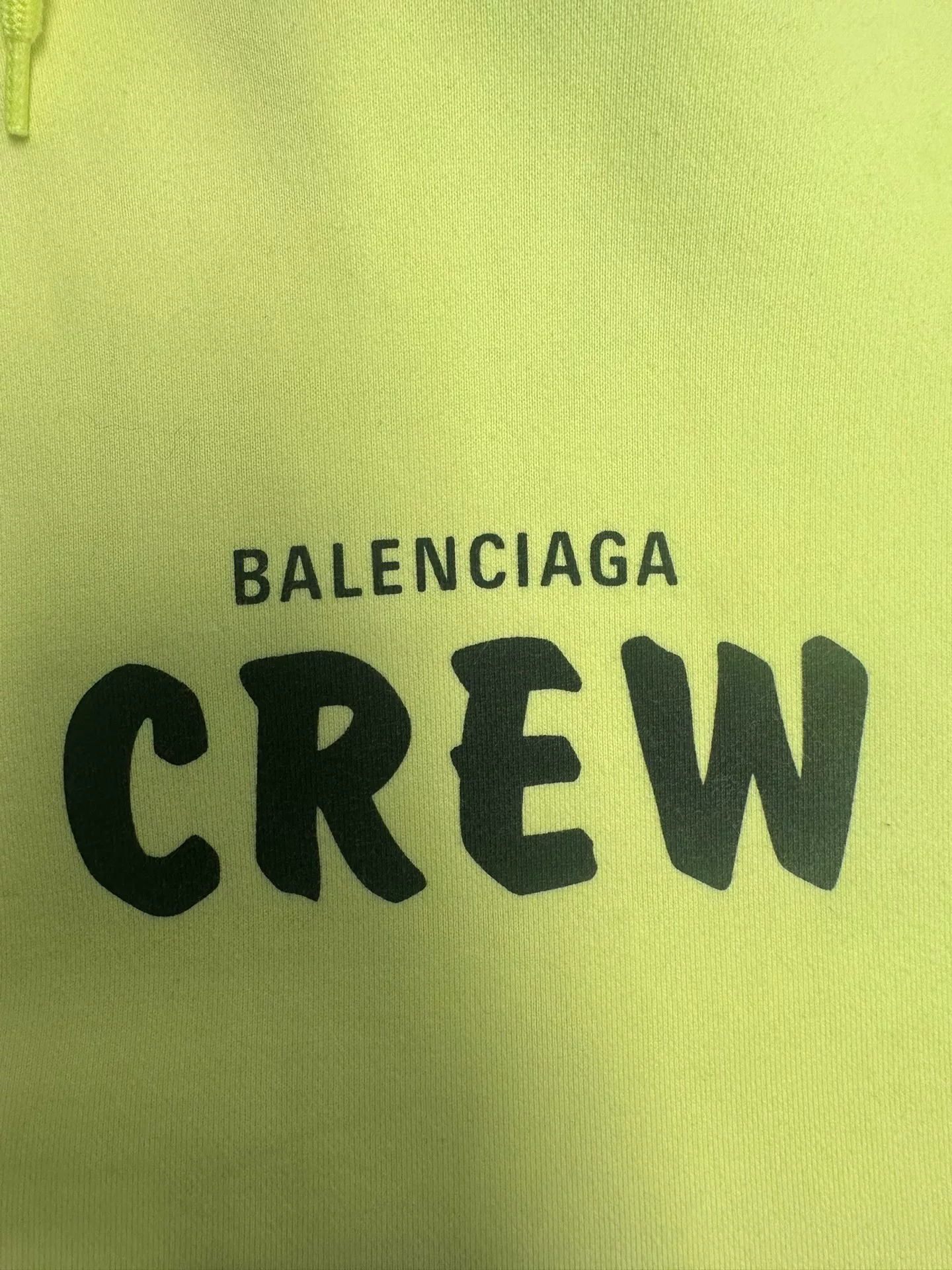 Balenciaga CREW Print Fluorescent Yellow Hoodie — detail