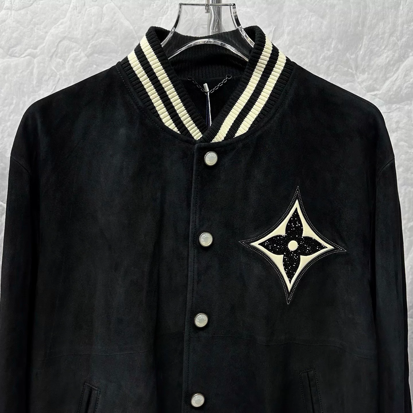 Louis Vuitton FW24 Rhinestone Logo Varsity Jacket — detail
