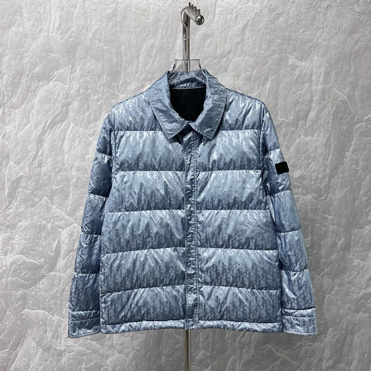 Dior Light Blue Logo Print Puffer Jacket — front