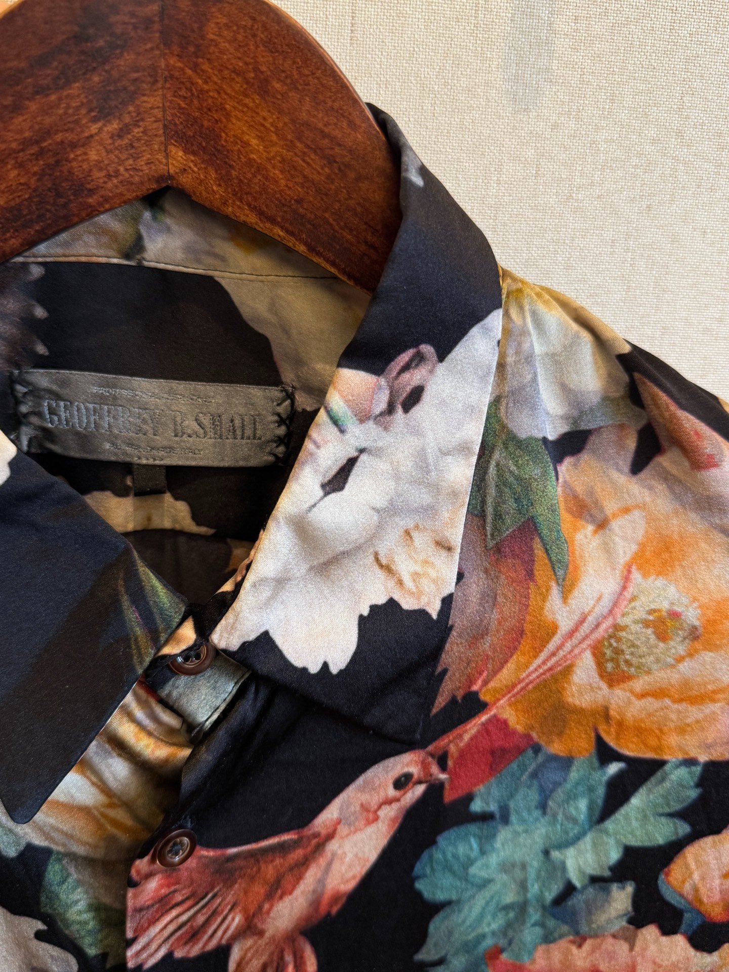 Geoffrey B Floral Bird Silk Shirt — detail
