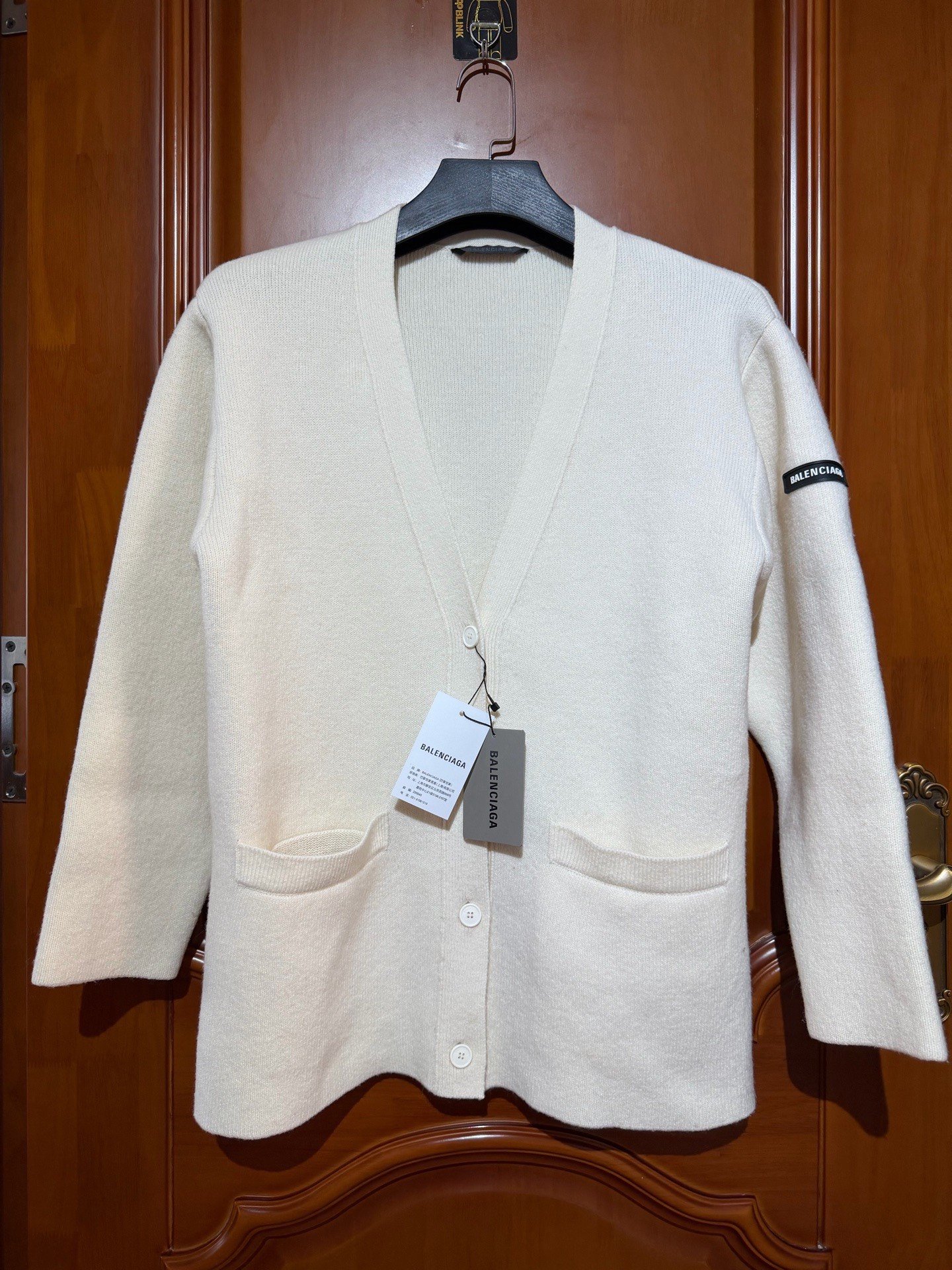 Balenciaga White Sleeve Logo Wool Cardigan