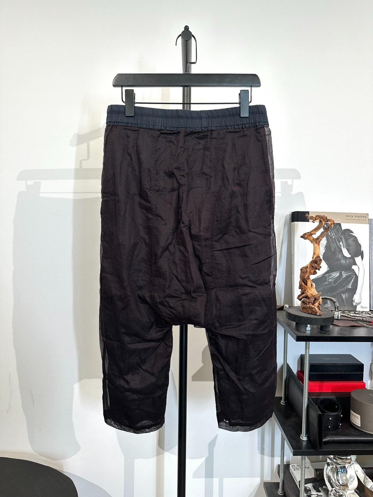 Rick Owens Black Mesh Cropped Pants — front