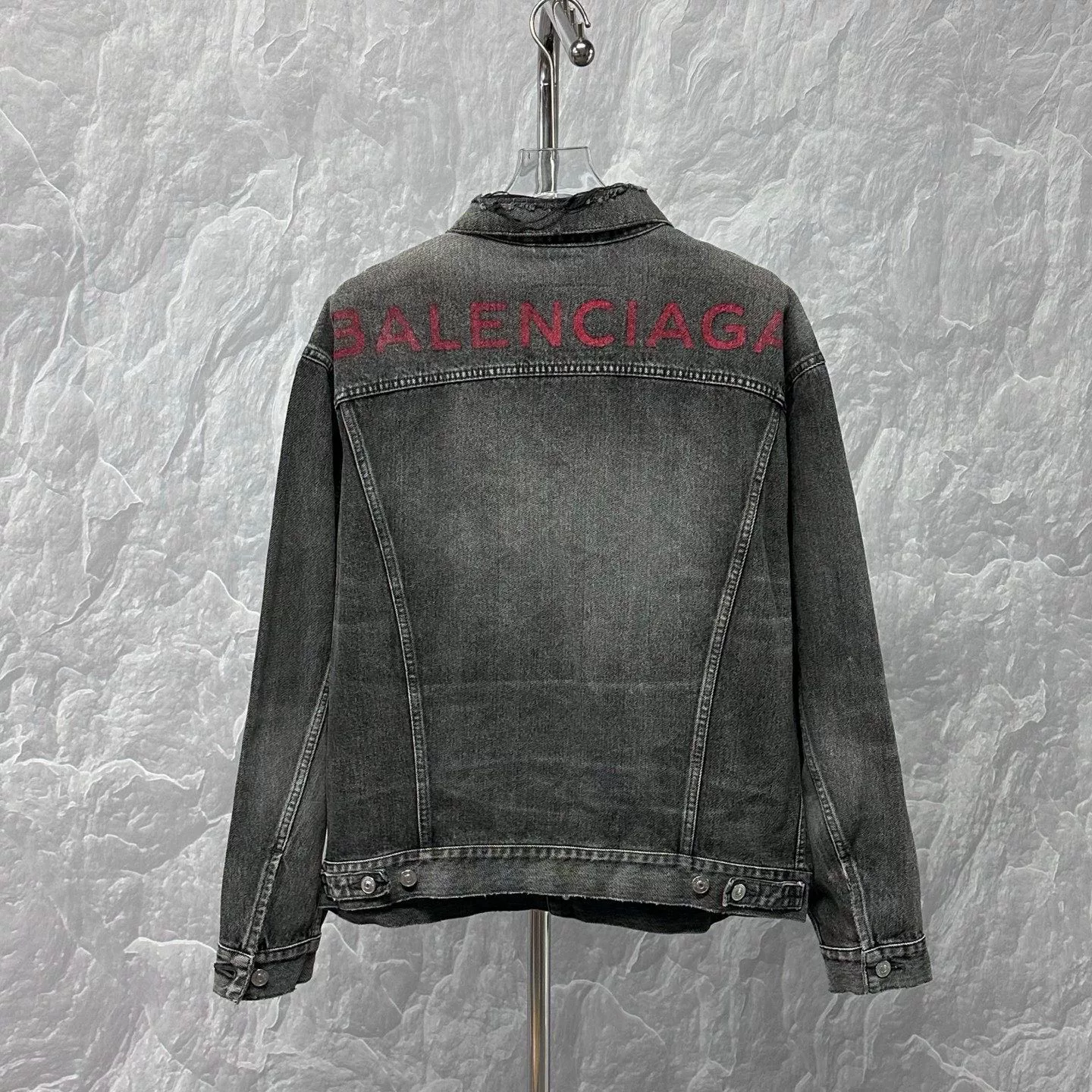 Balenciaga Logo Print Distressed Denim Jacket — back