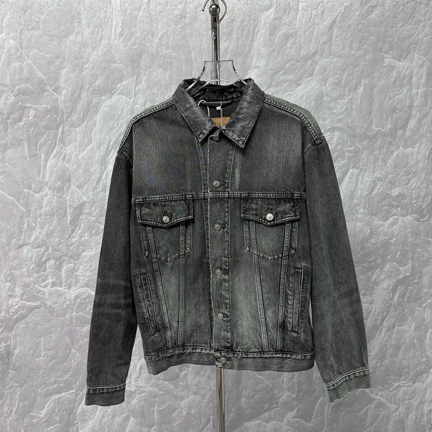 Balenciaga Logo Print Distressed Denim Jacket