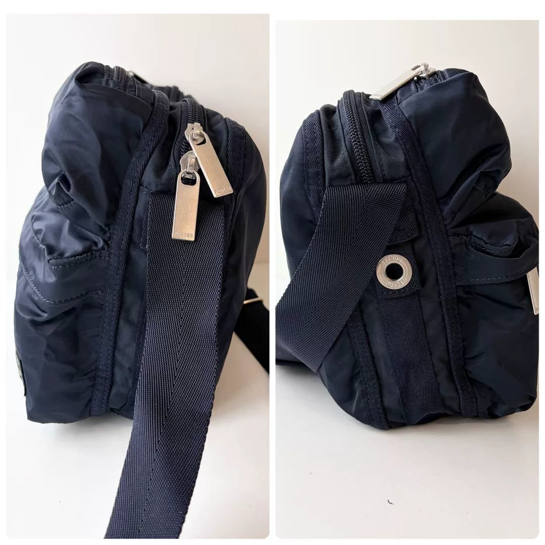 PORTER FRAME Navy Nylon Shoulder Bag — label