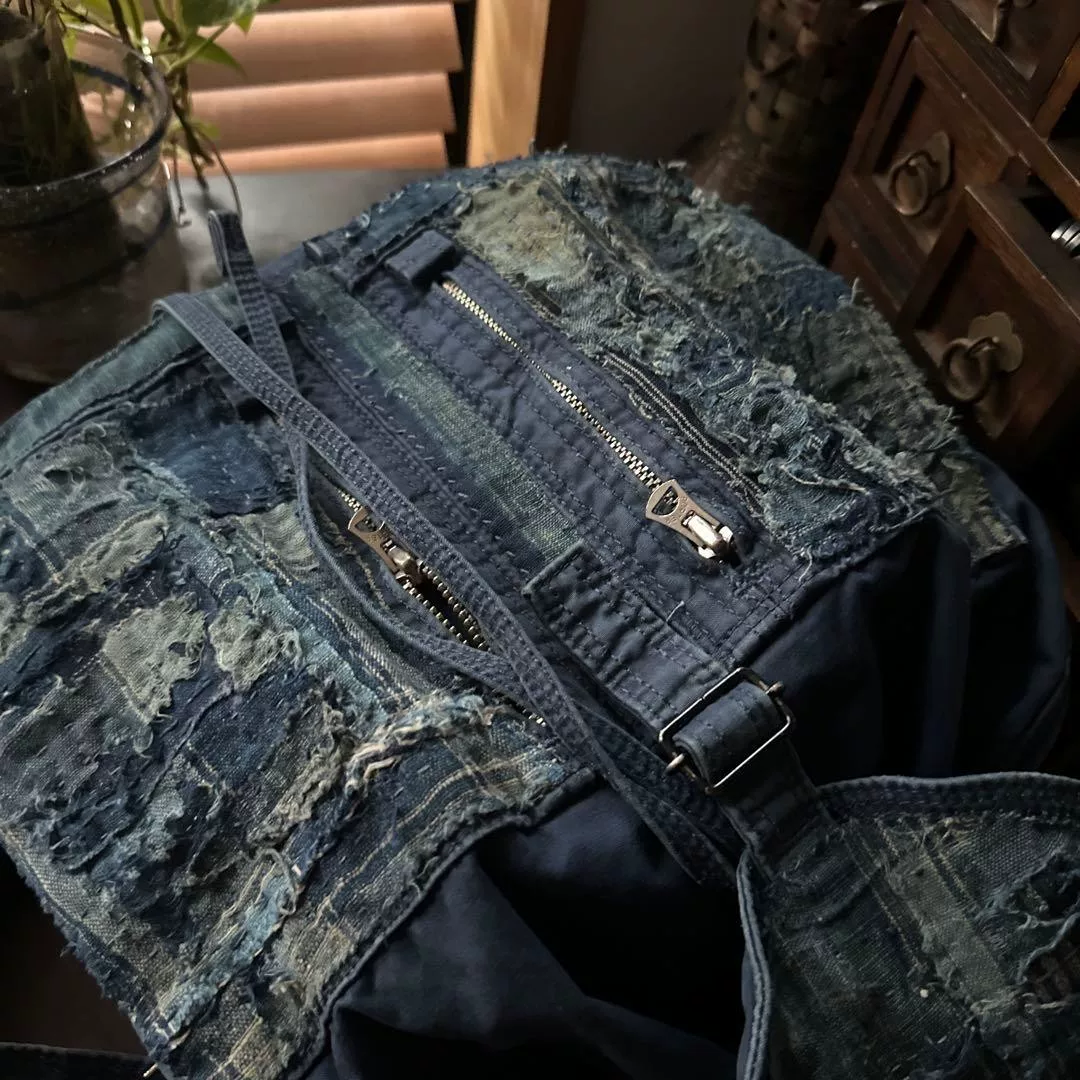 PORTER Denim Patchwork Hand-Reworked Backpack — detail