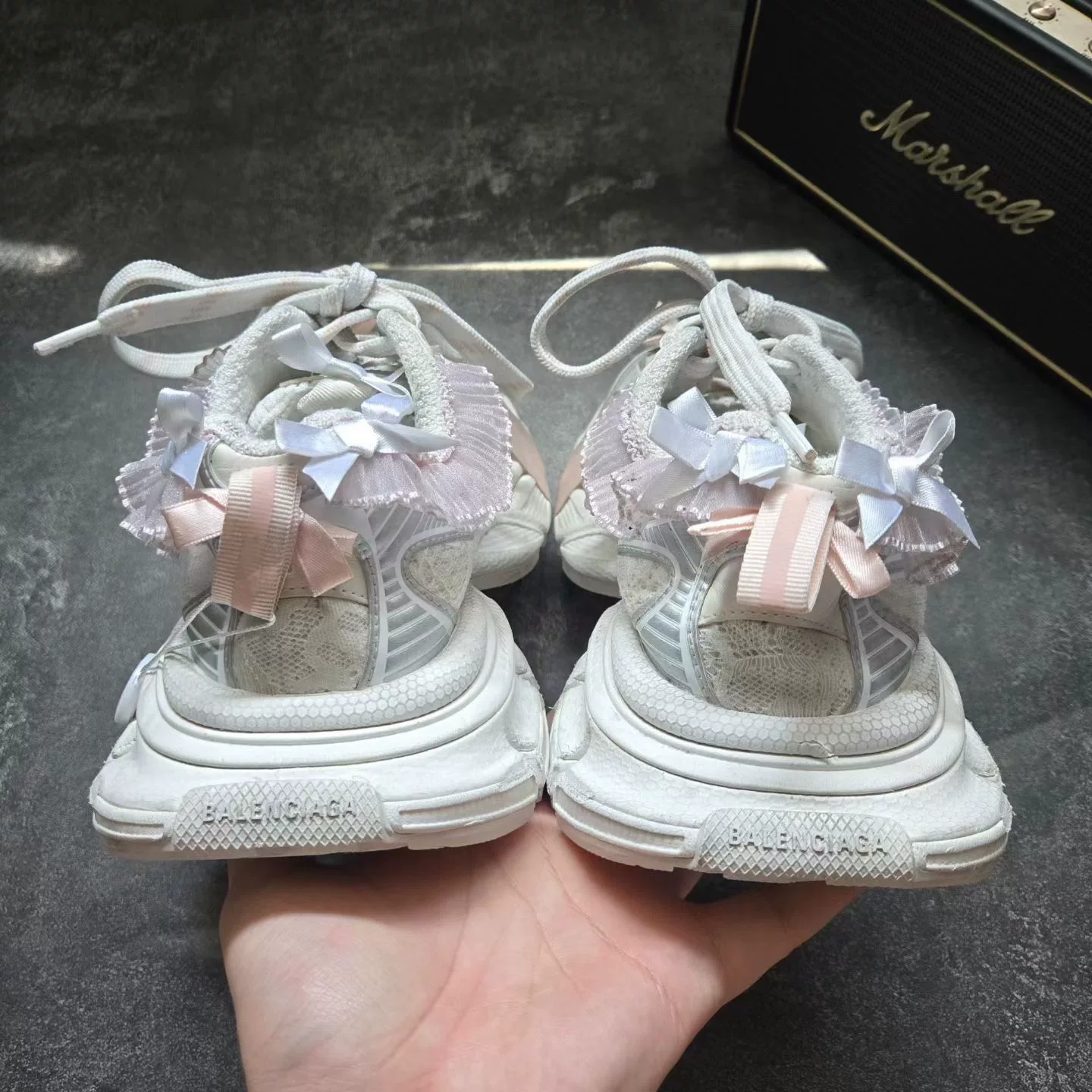 Balenciaga 3XL Silver White Lace Bow Dad Shoes — detail
