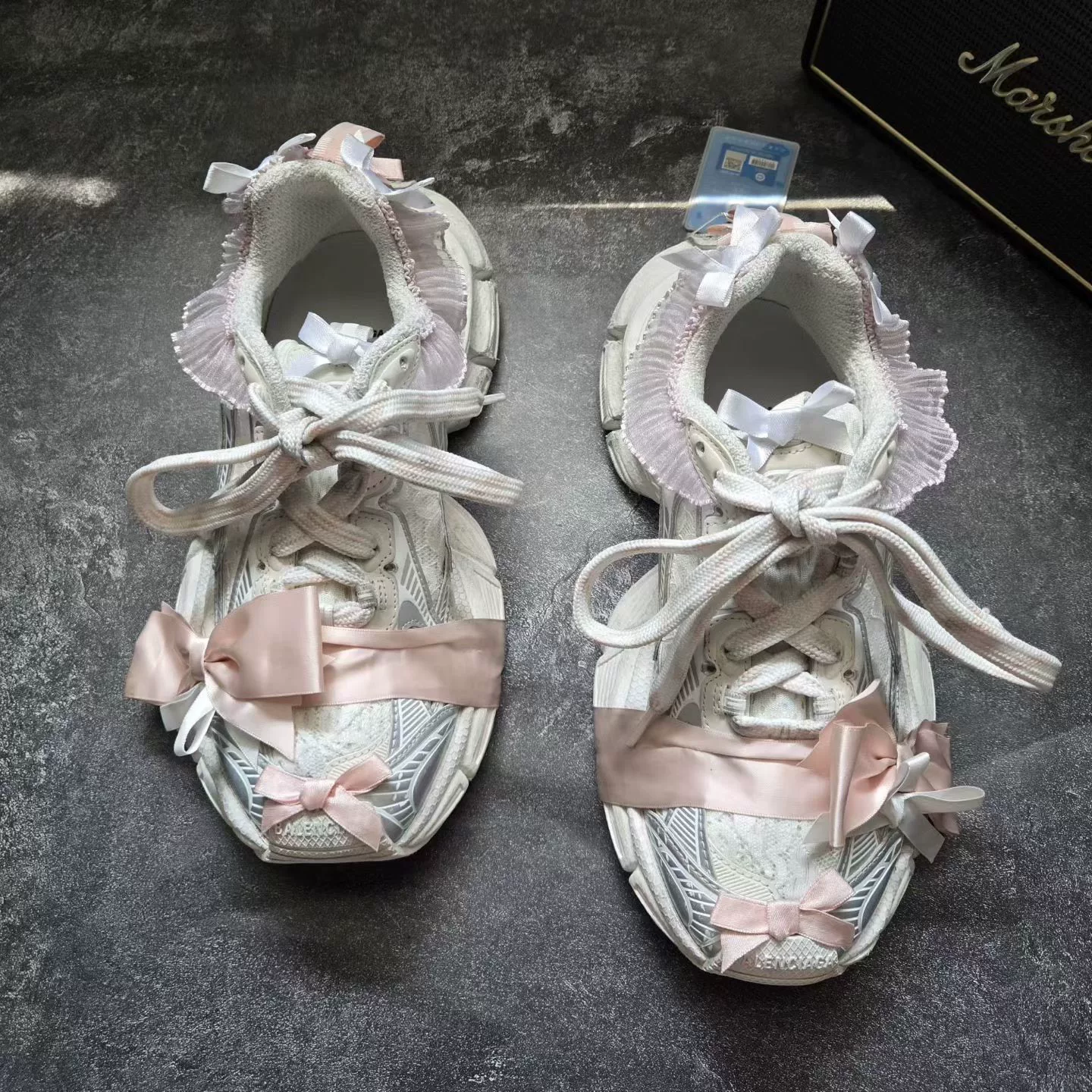 Balenciaga 3XL Silver White Lace Bow Dad Shoes — front