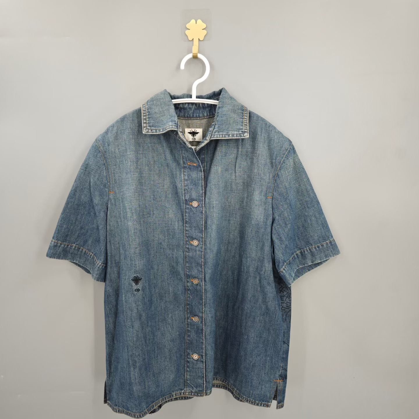 Dior Blue Denim Tiger Bee Embroidery Short Sleeve Shirt