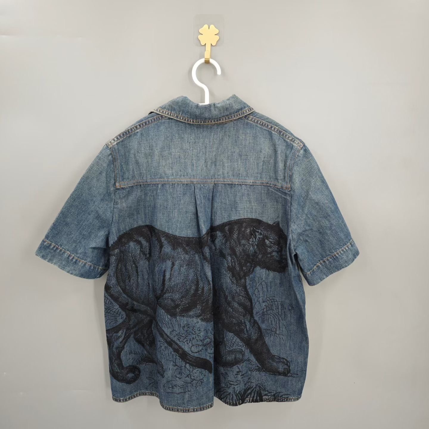 Dior Blue Denim Tiger Bee Embroidery Short Sleeve Shirt — front