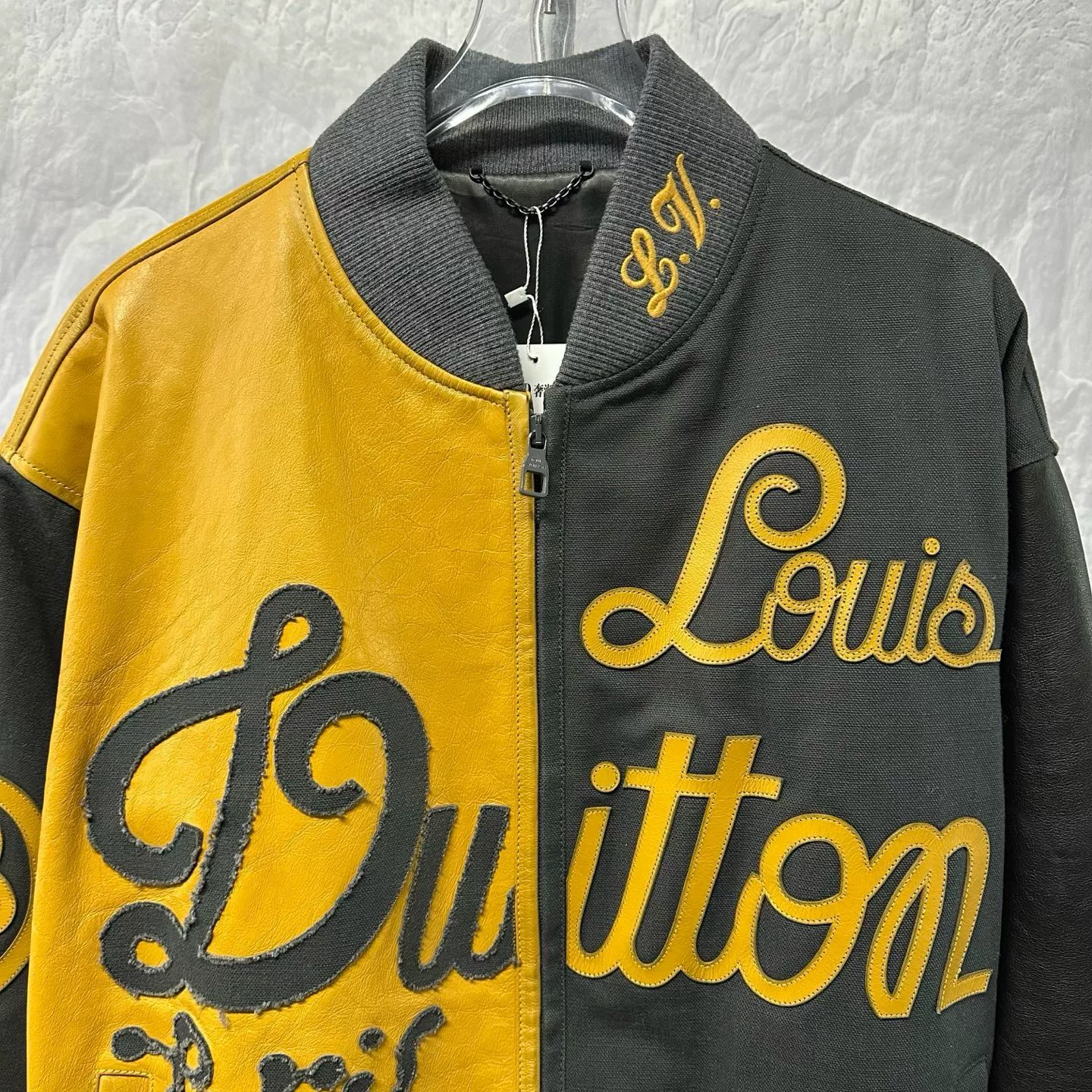 Louis Vuitton Black Yellow Letter Baseball Jacket — front