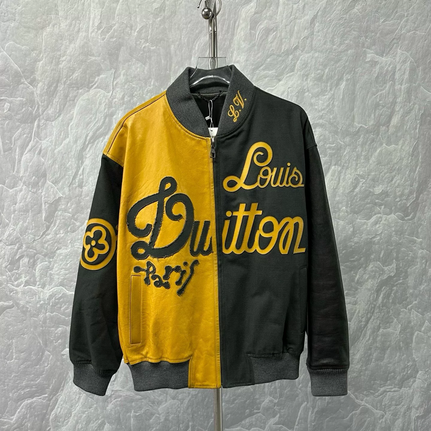Louis Vuitton Black Yellow Letter Baseball Jacket