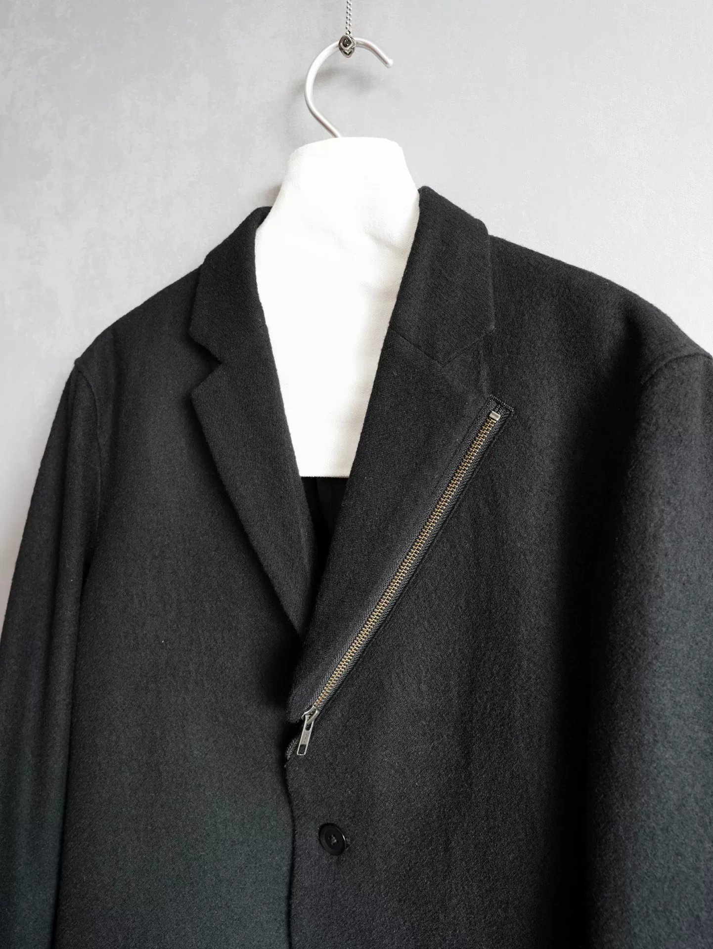 Yohji Yamamoto 14AW Zip Leather Wool Coat — detail
