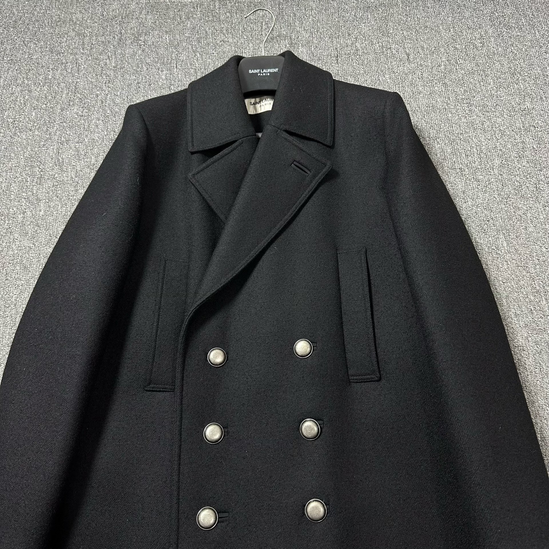 Saint Laurent Black Double-Breasted Wool Coat — front