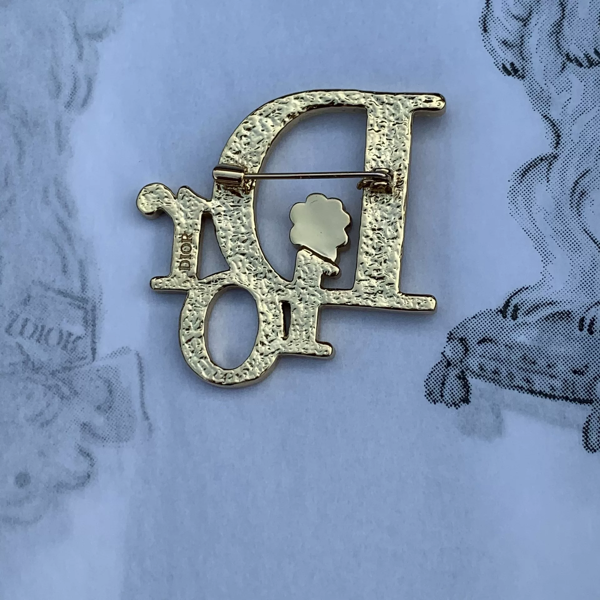 Dior Gold Letter Flower Brooch — back