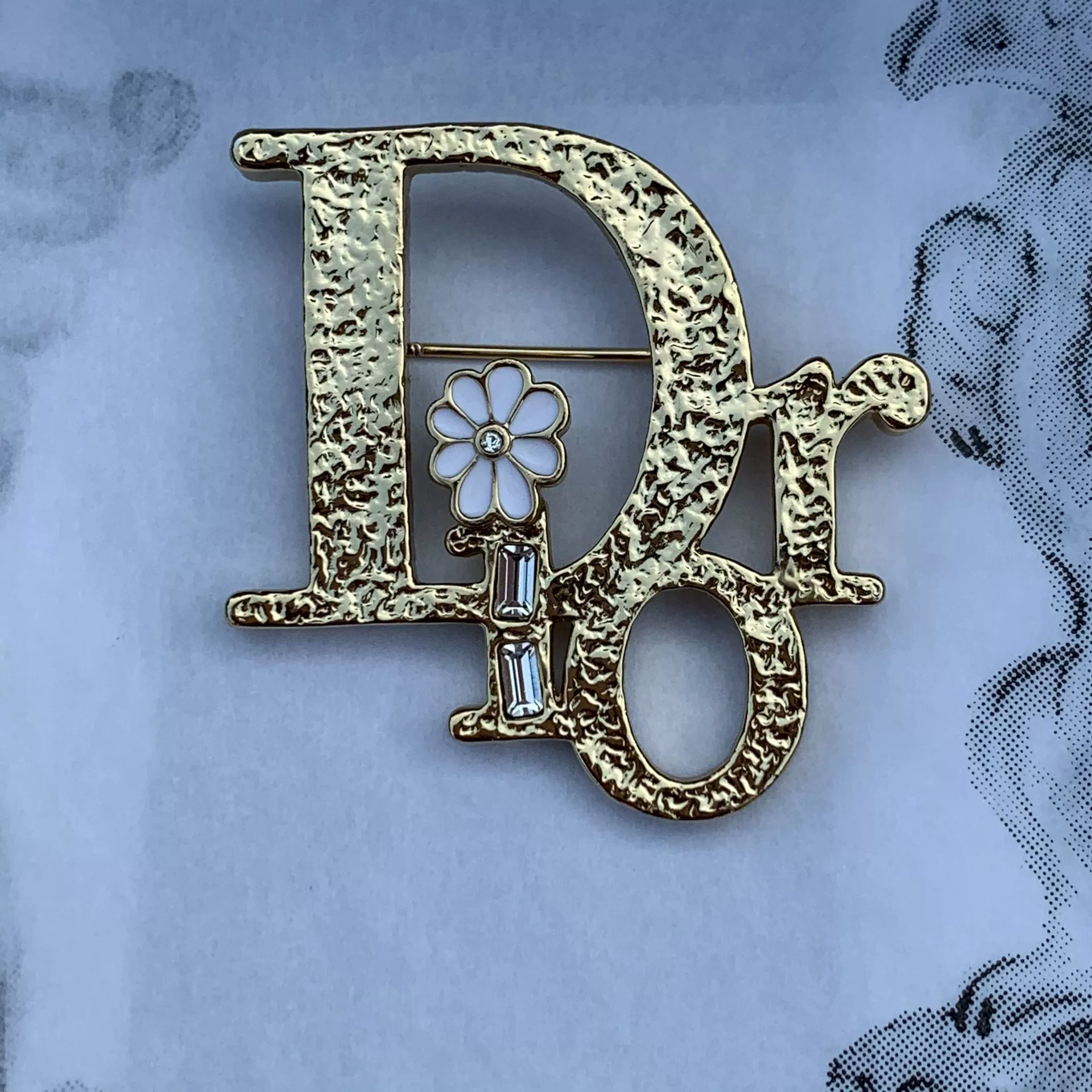 Dior Gold Letter Flower Brooch — front