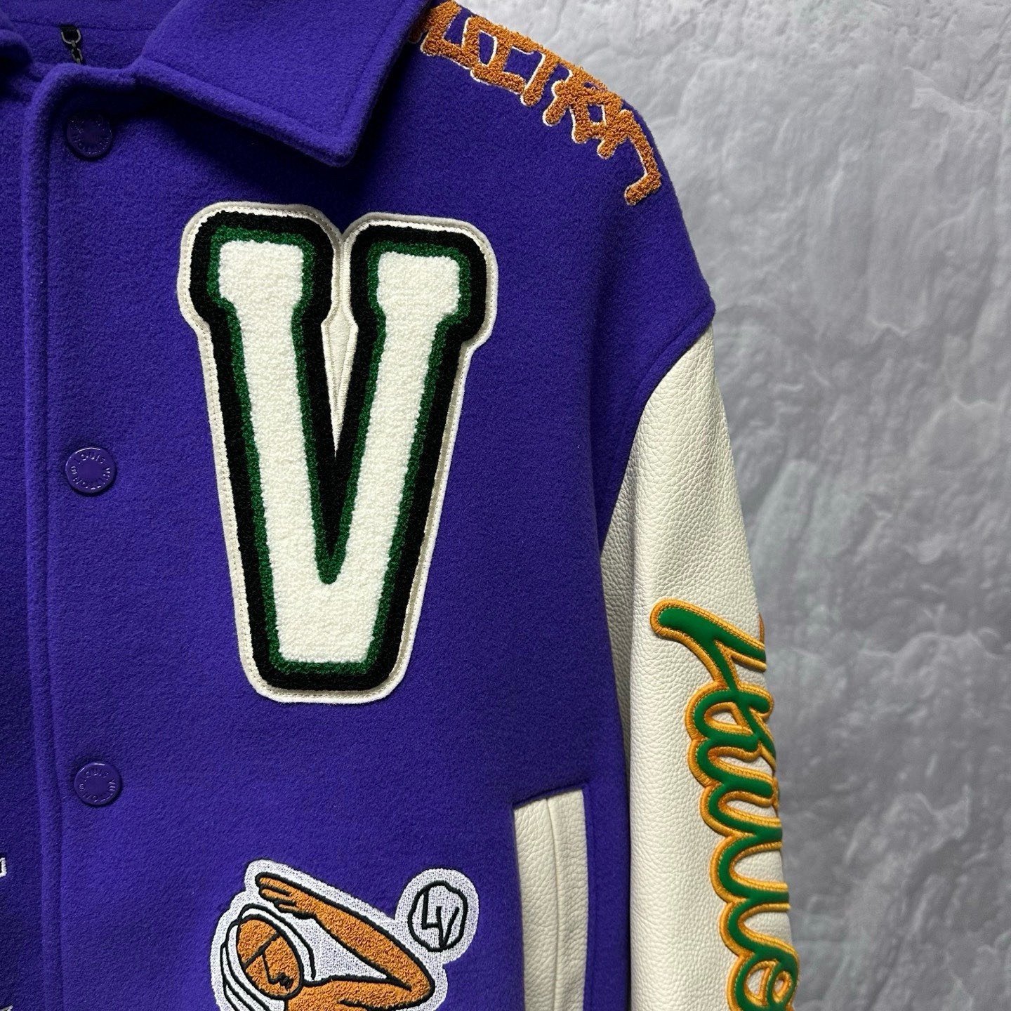 Louis Vuitton Colorblock Letter Frog Baseball Jacket — detail