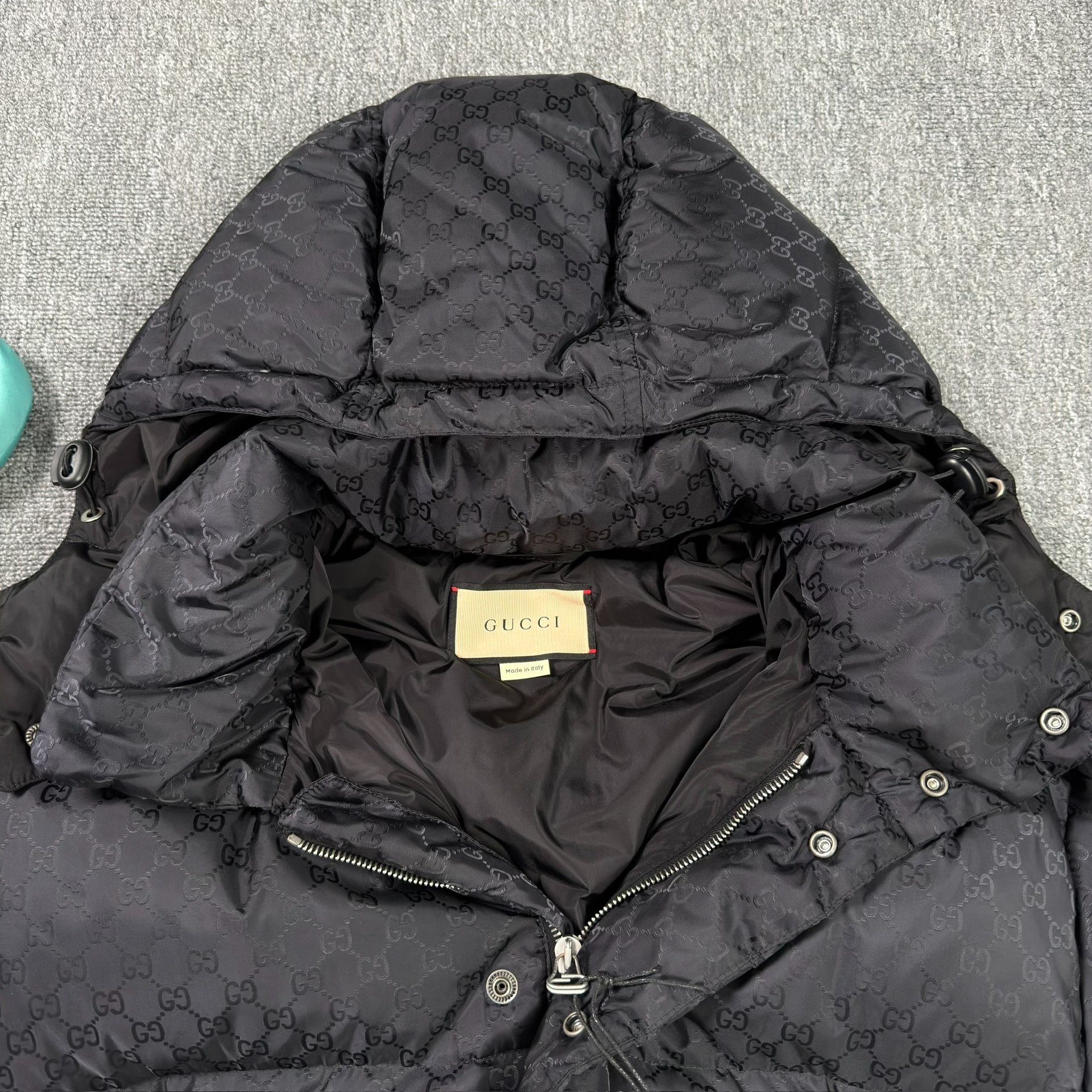 Gucci Double G Print Black Hooded Down Jacket — detail