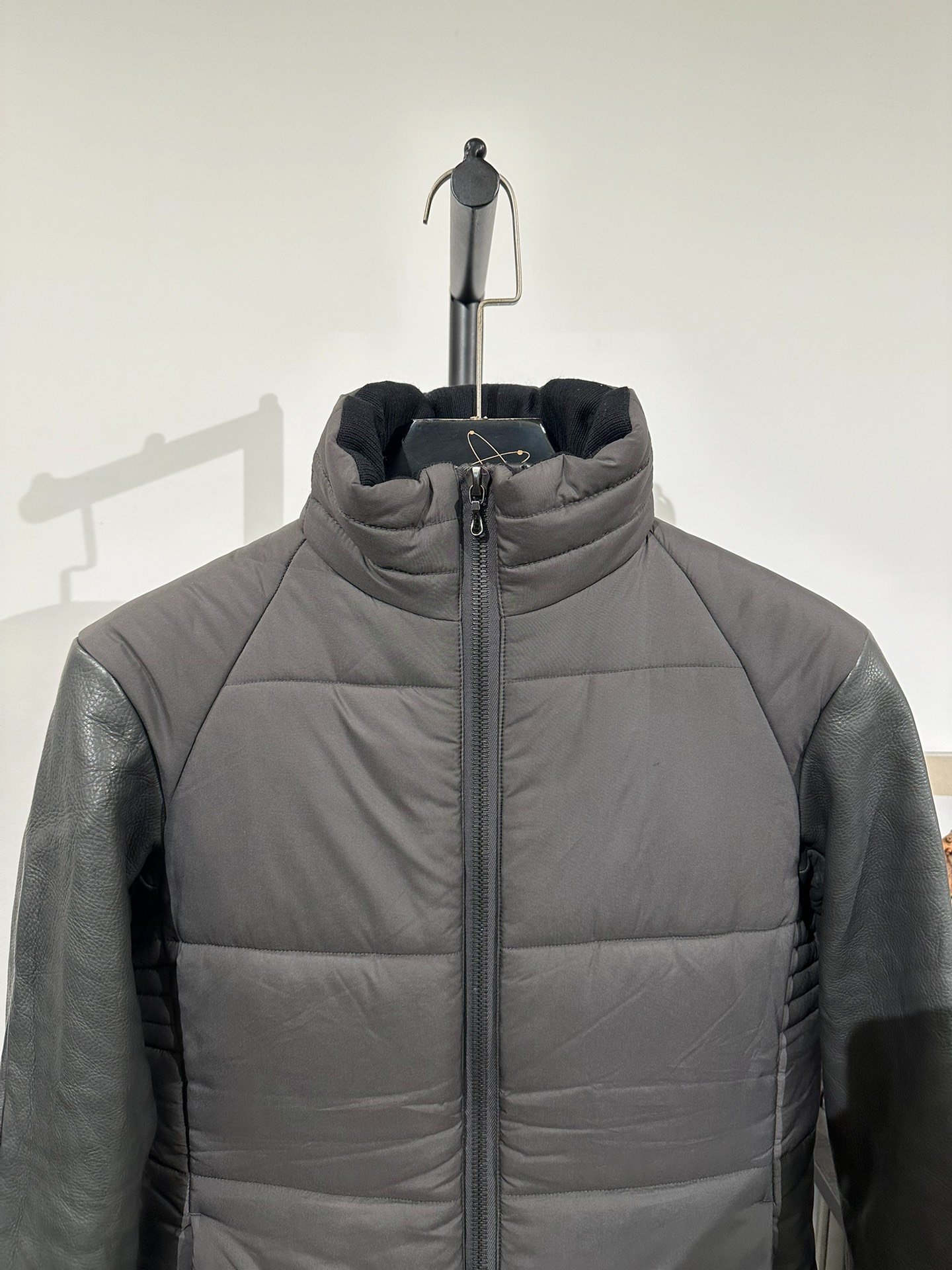 ZARA Gray Leather-Sleeve Padded Jacket — back