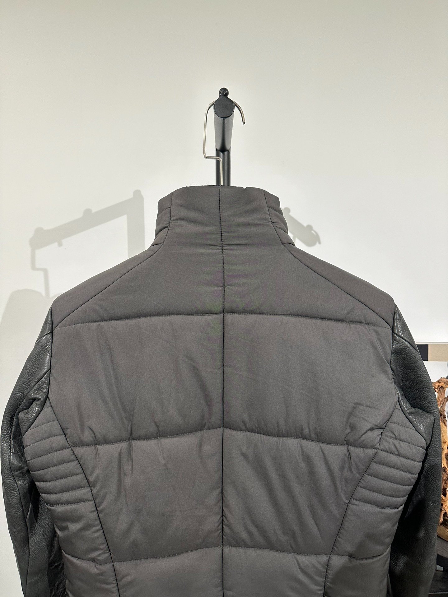 ZARA Gray Leather-Sleeve Padded Jacket — detail