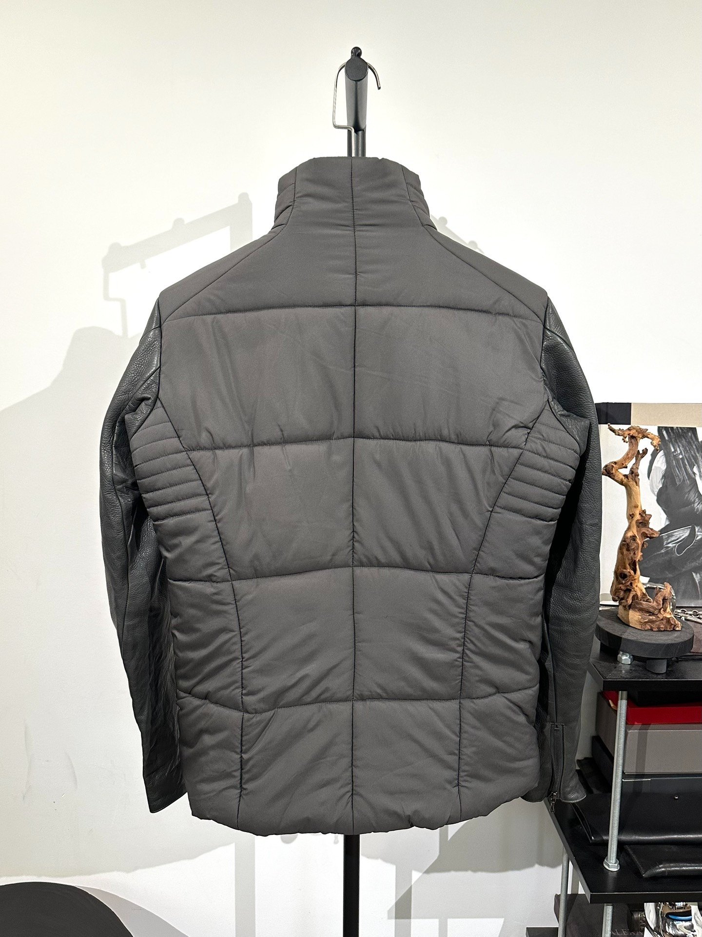 ZARA Gray Leather-Sleeve Padded Jacket — front