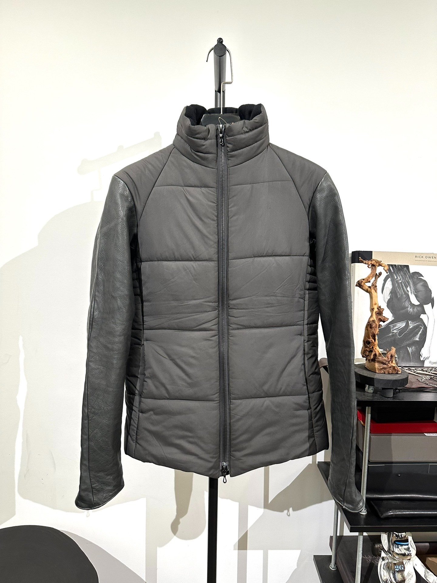 ZARA Gray Leather-Sleeve Padded Jacket