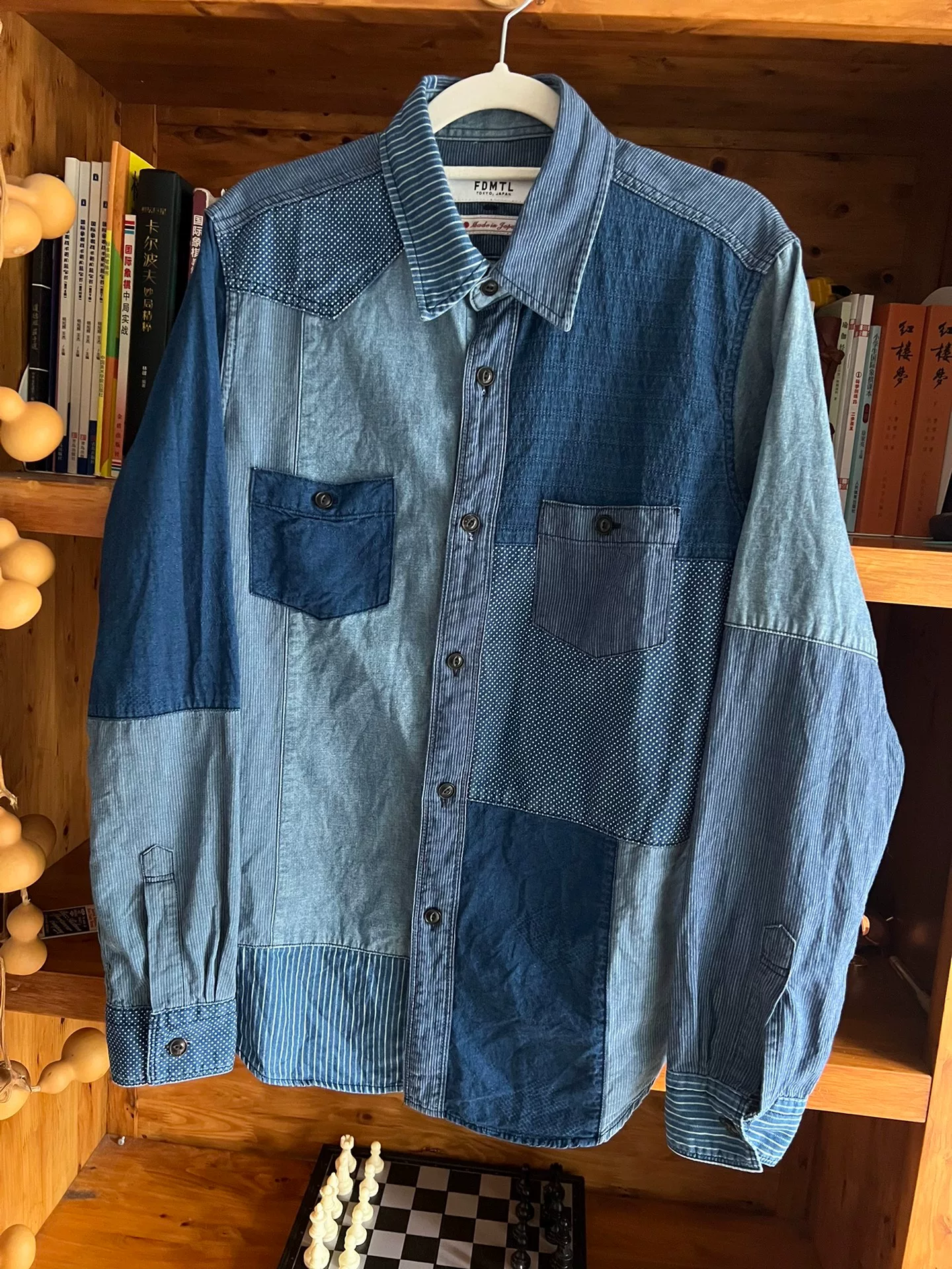 FDMTL Indigo Patchwork Distressed Shirt — detail