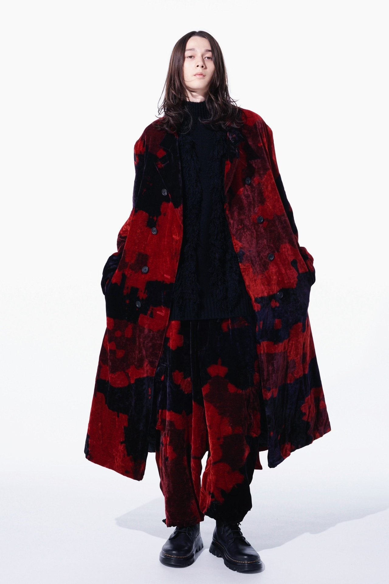 Yohji Yamamoto 24AW Oversize Red-Black Velvet Coat — back