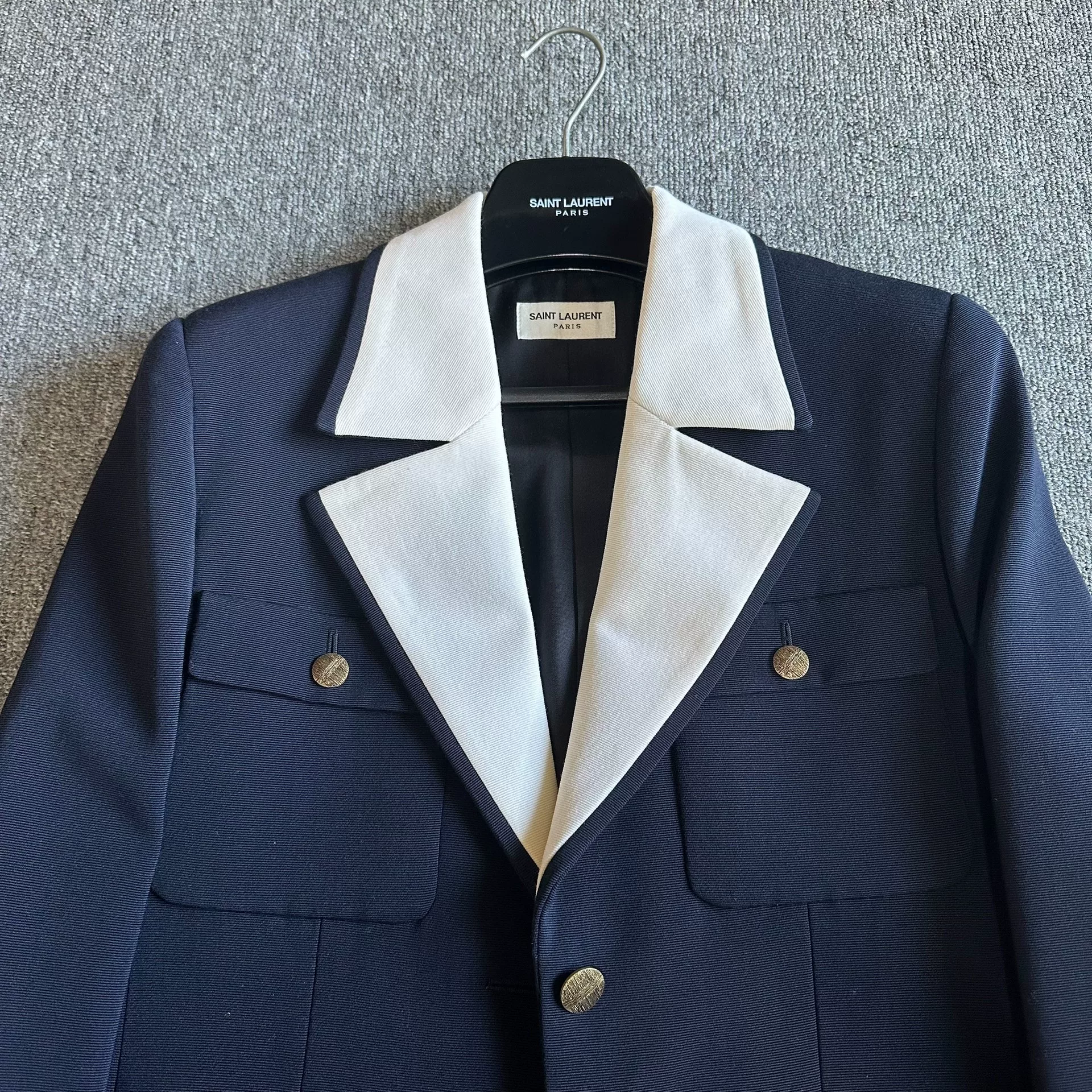 Saint Laurent Navy White Collar Blazer — front